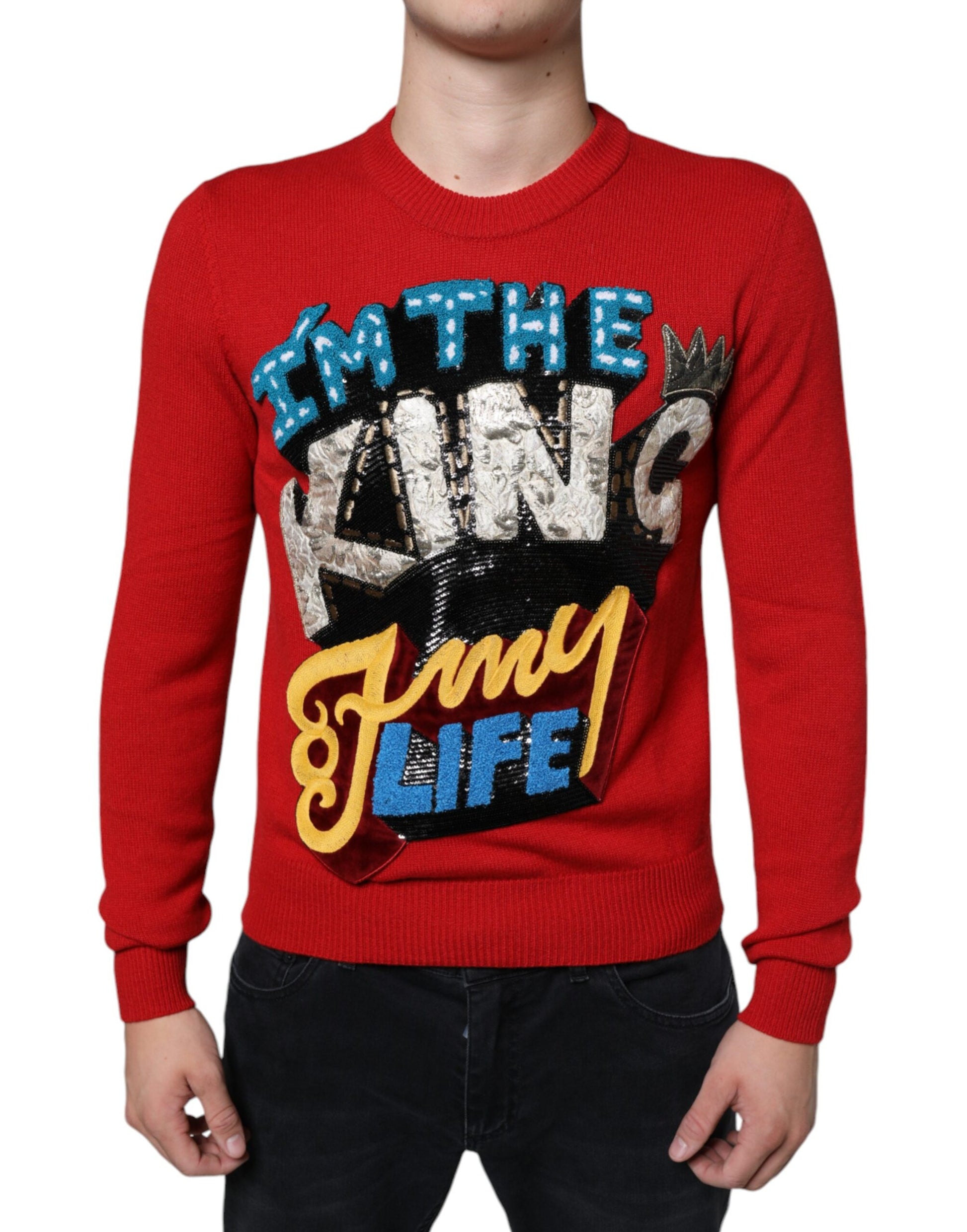 Red sweater with colorful lettering