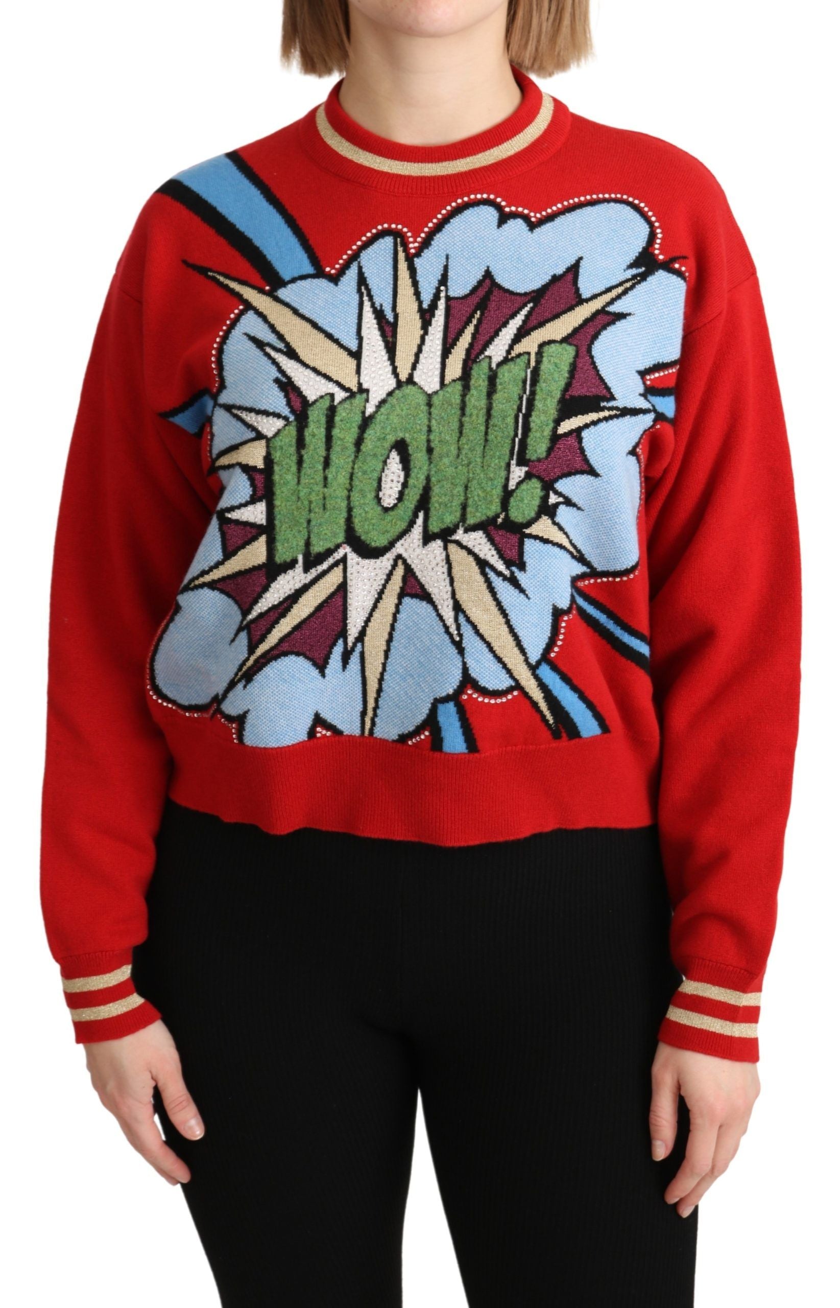 Woman wearing a red sweater with a comic book style "WOW!" graphic on front