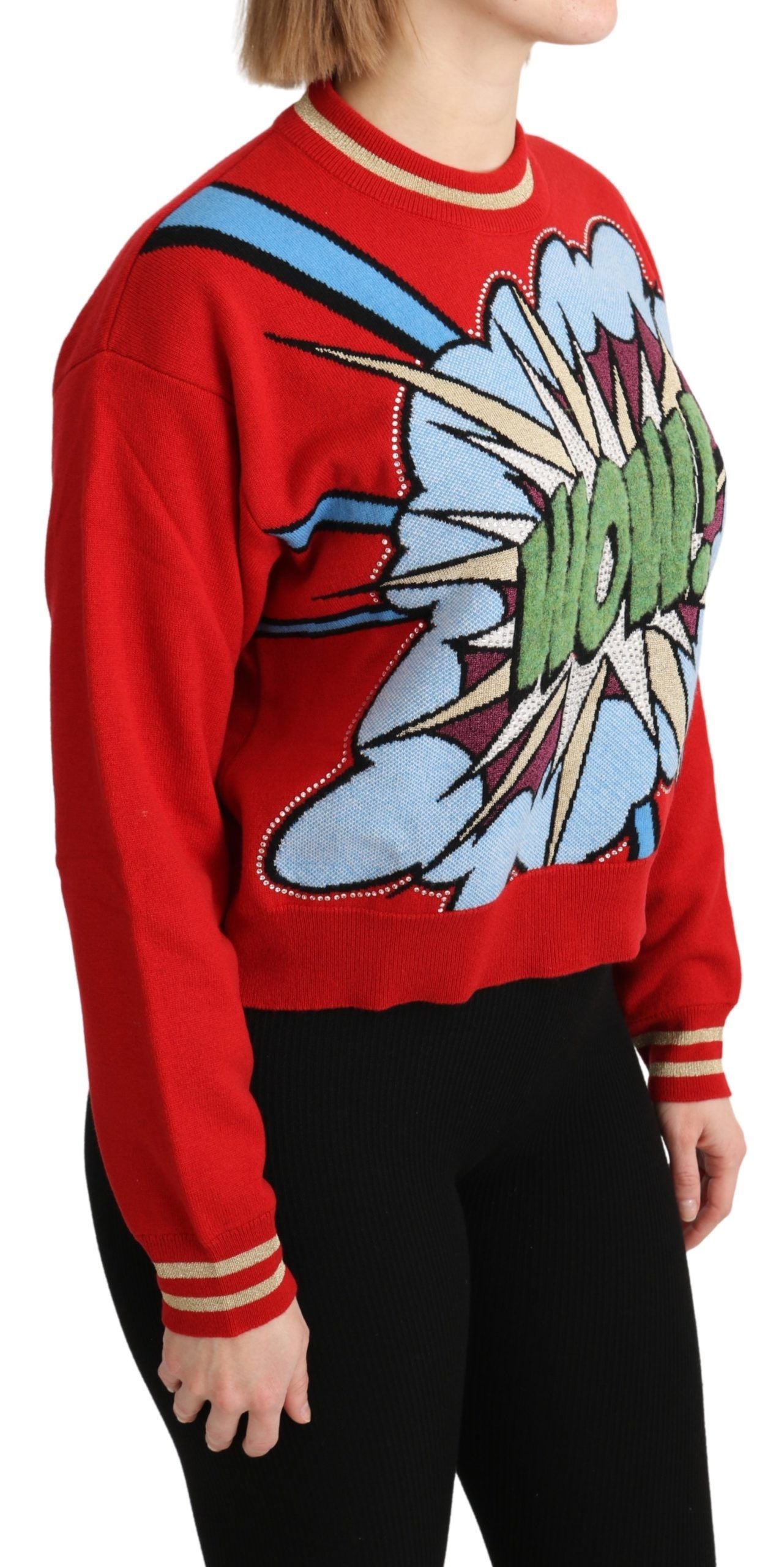 Woman wearing red sweater with flower design