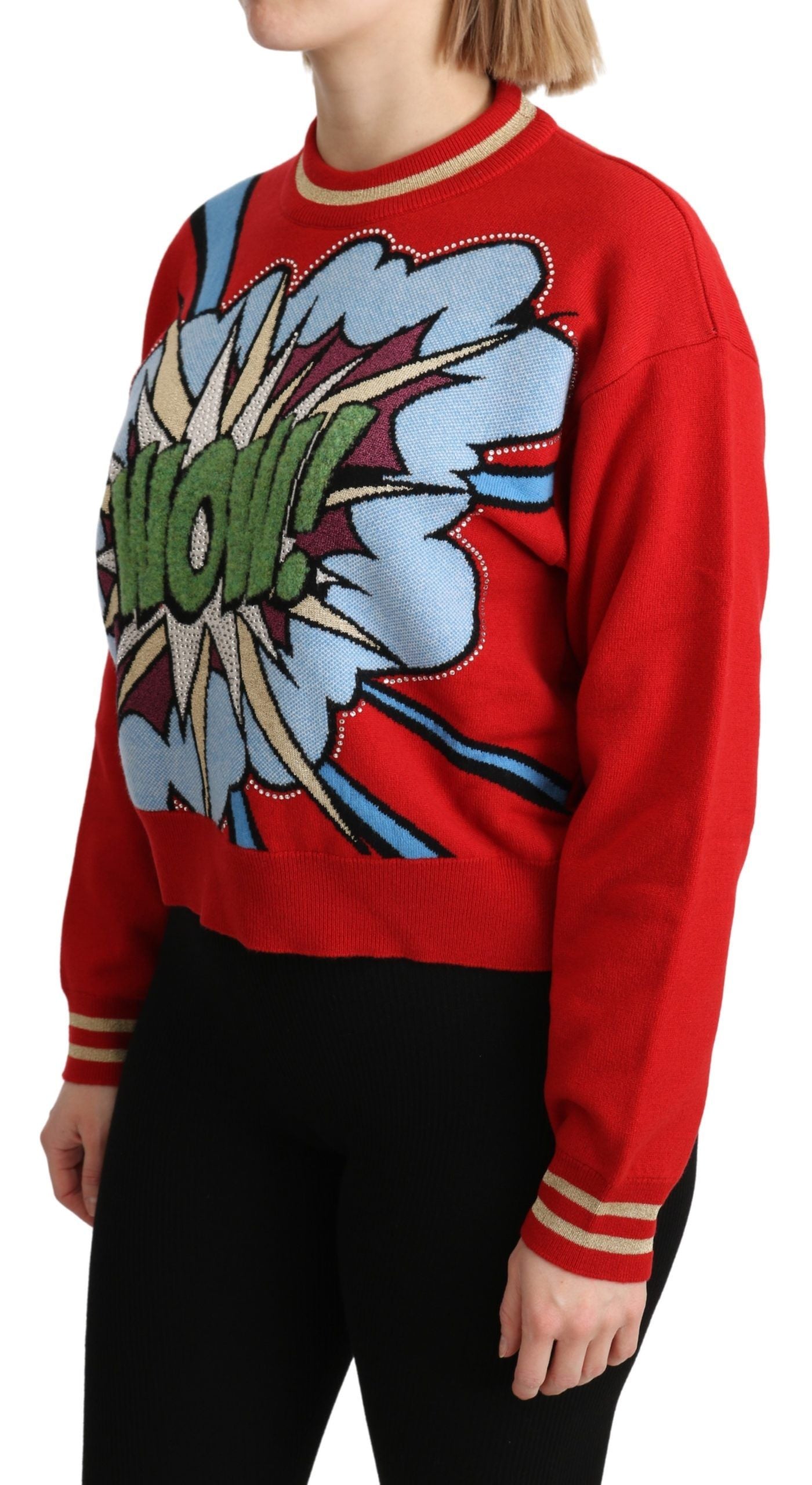 Red sweater with comic book design on front
