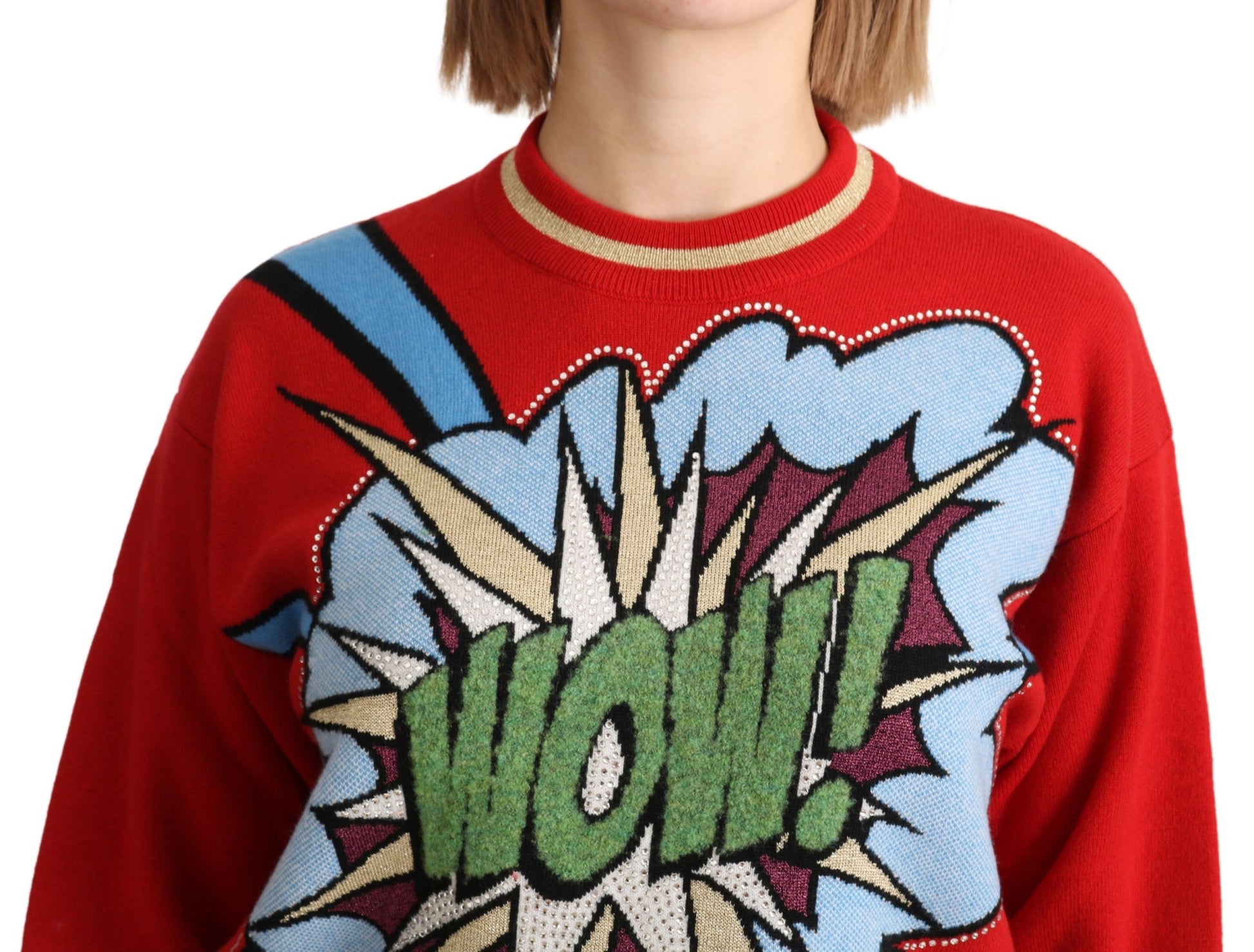 Red sweater with comic book style "WOW!" graphic on front