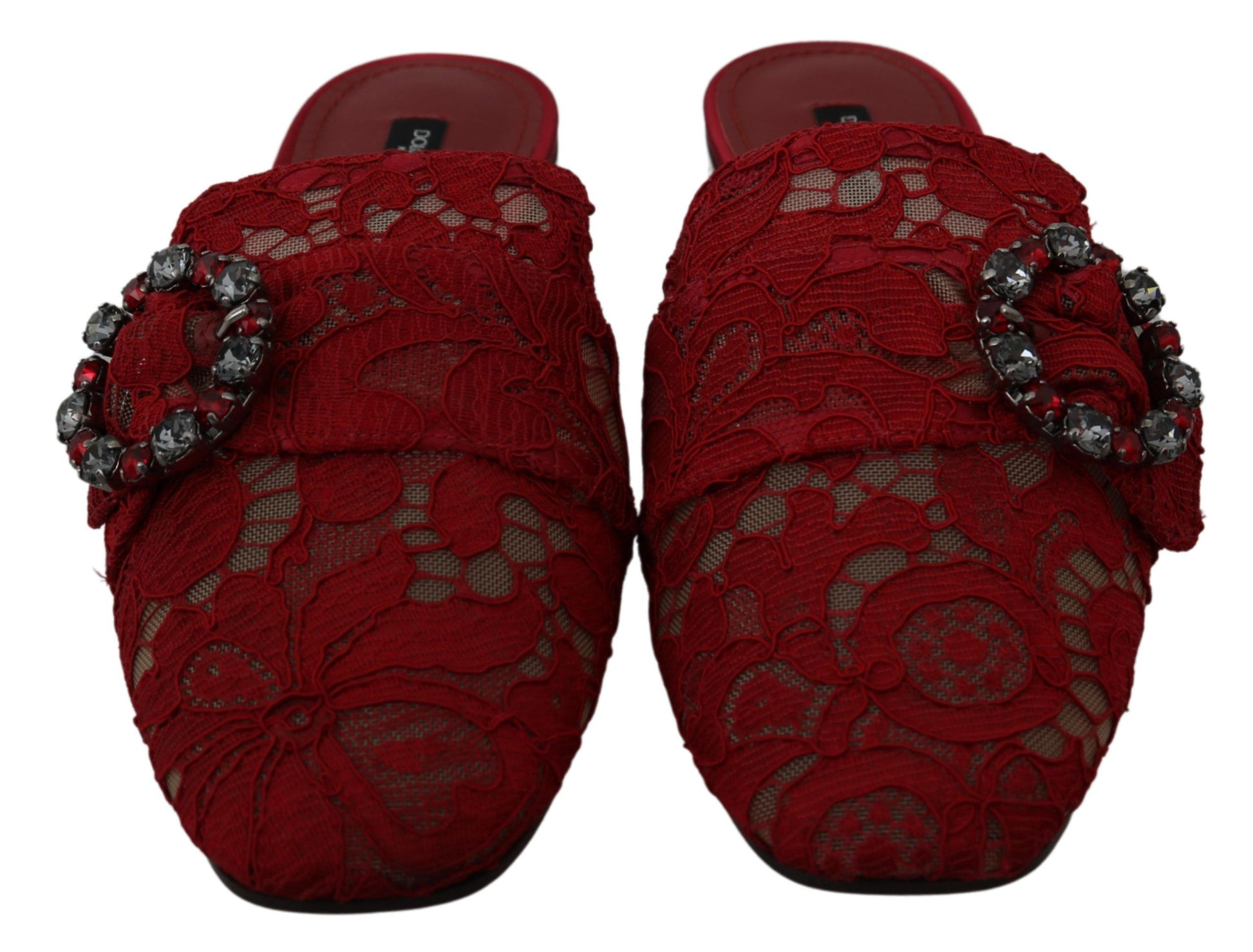 Pair of red embroidered slippers with decorative elements and sequins