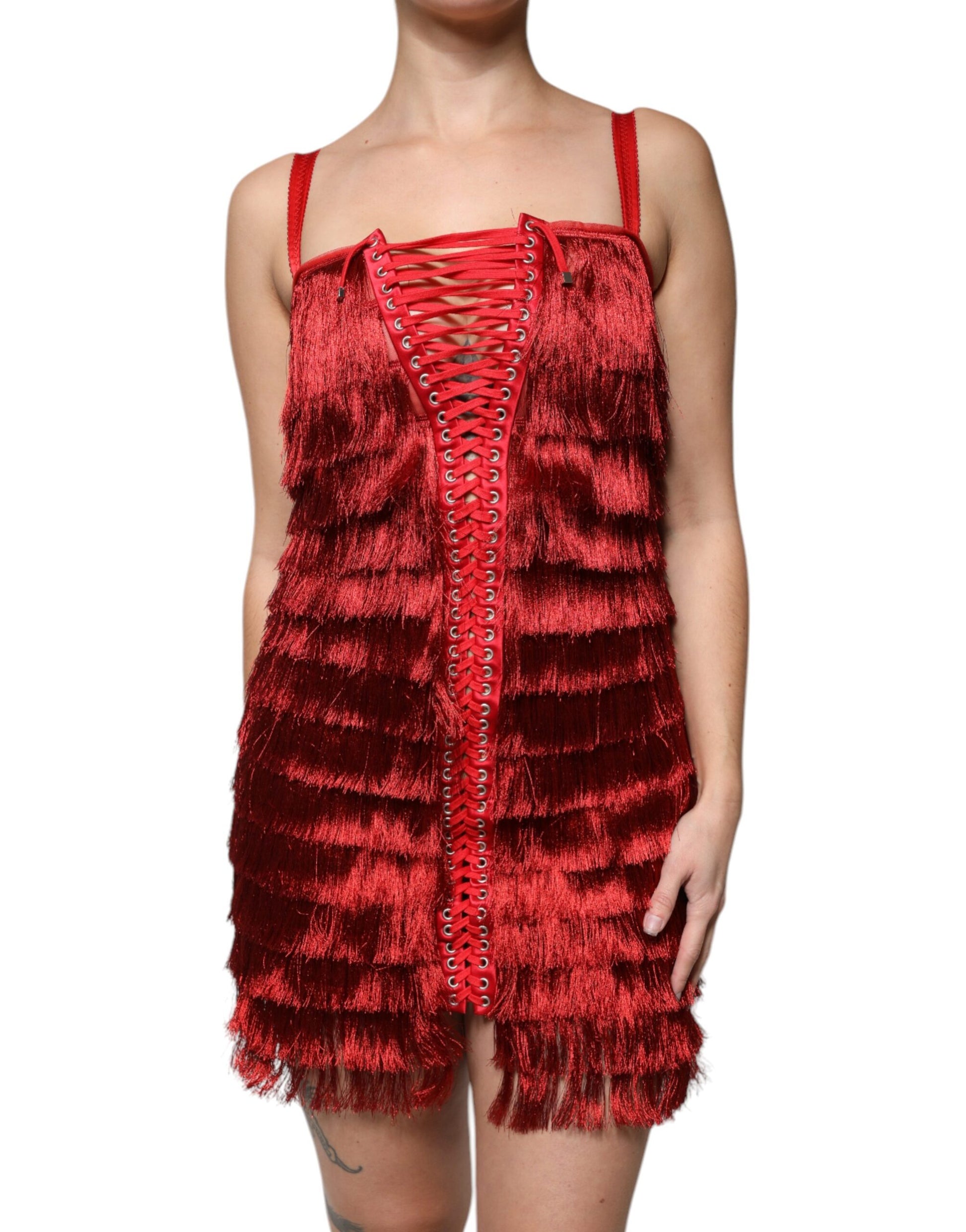 A red lace tassel sleeveless sheath mini dress