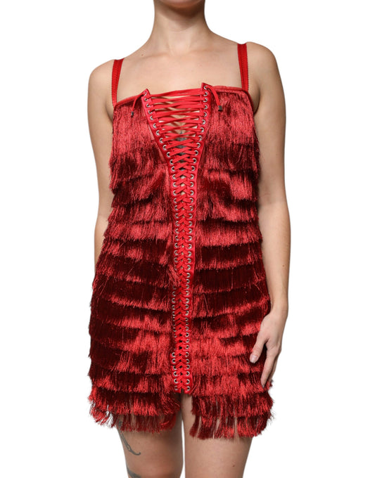 A red lace tassel sleeveless sheath mini dress
