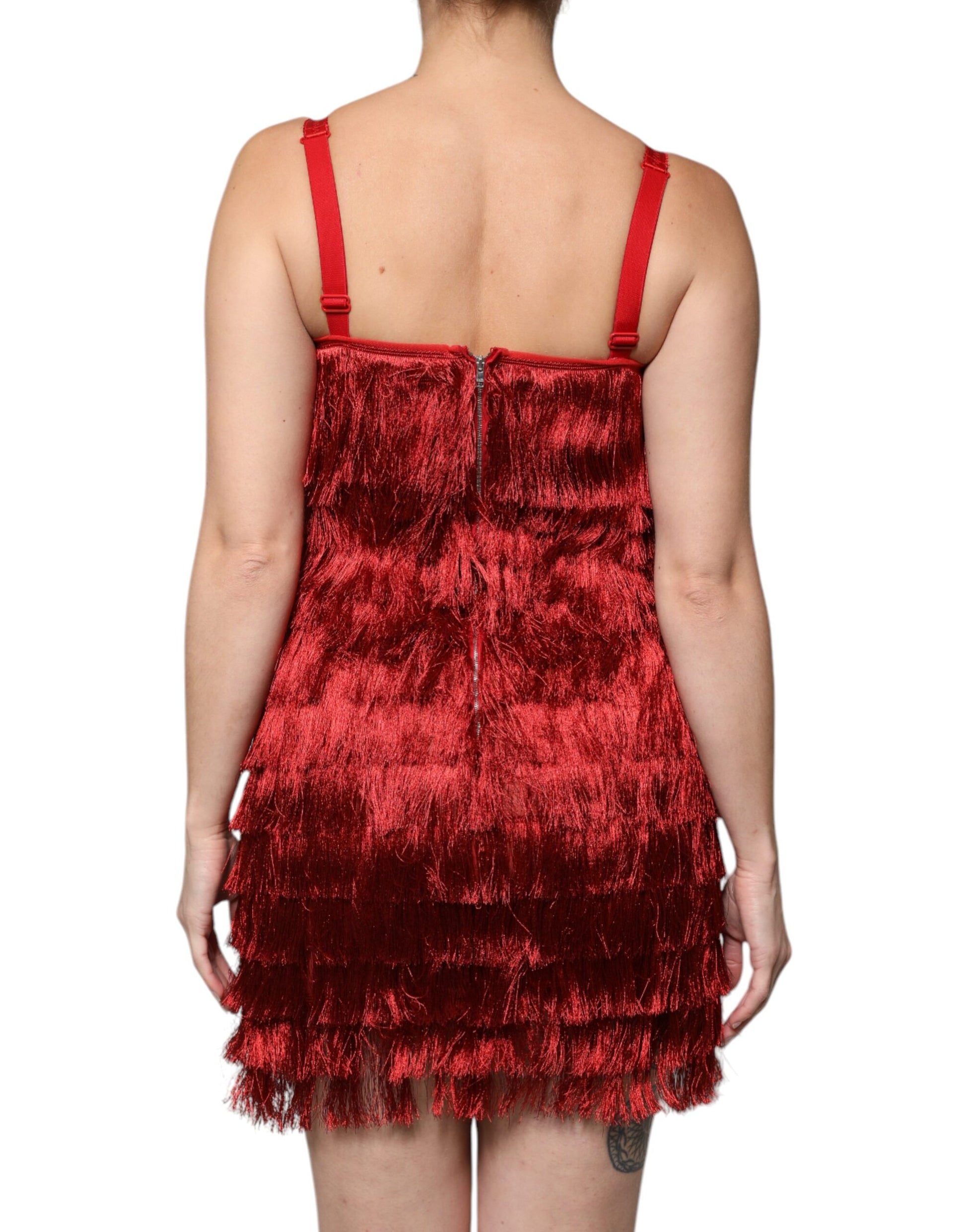 A red lace tassel sheath dress with short sleeves