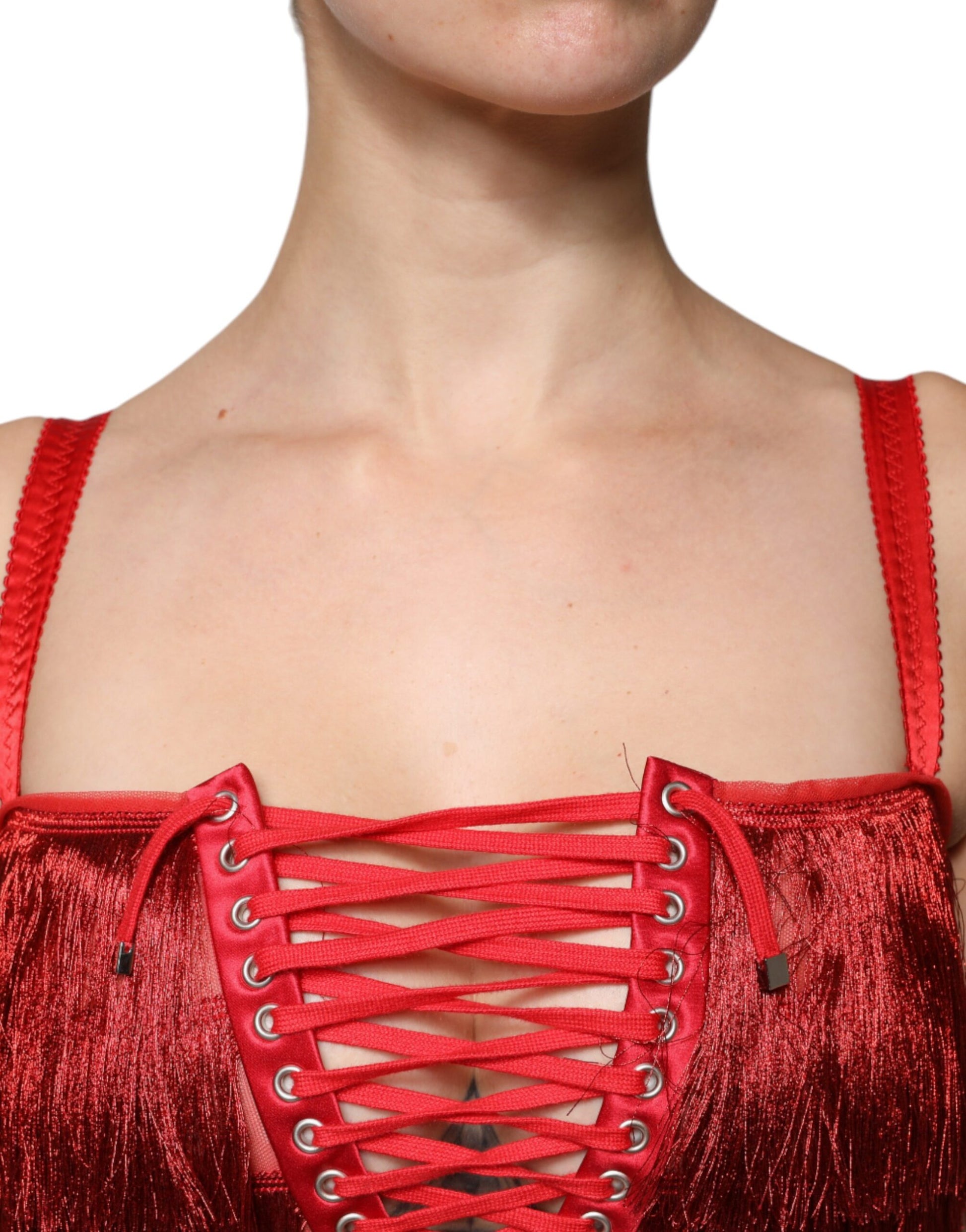 A red lace tassel sleeveless sheath mini dress