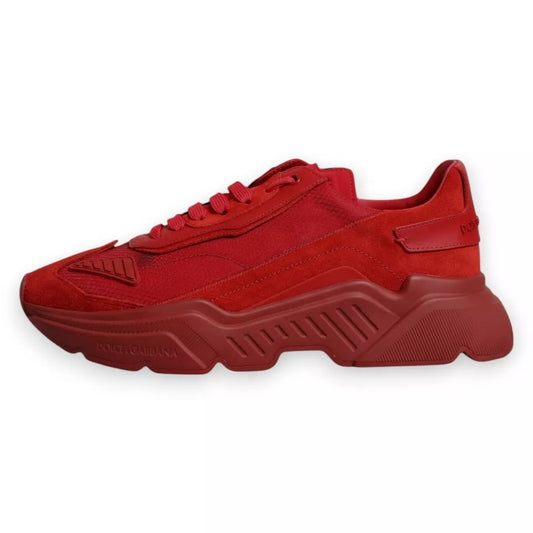 Red sneaker with white sole