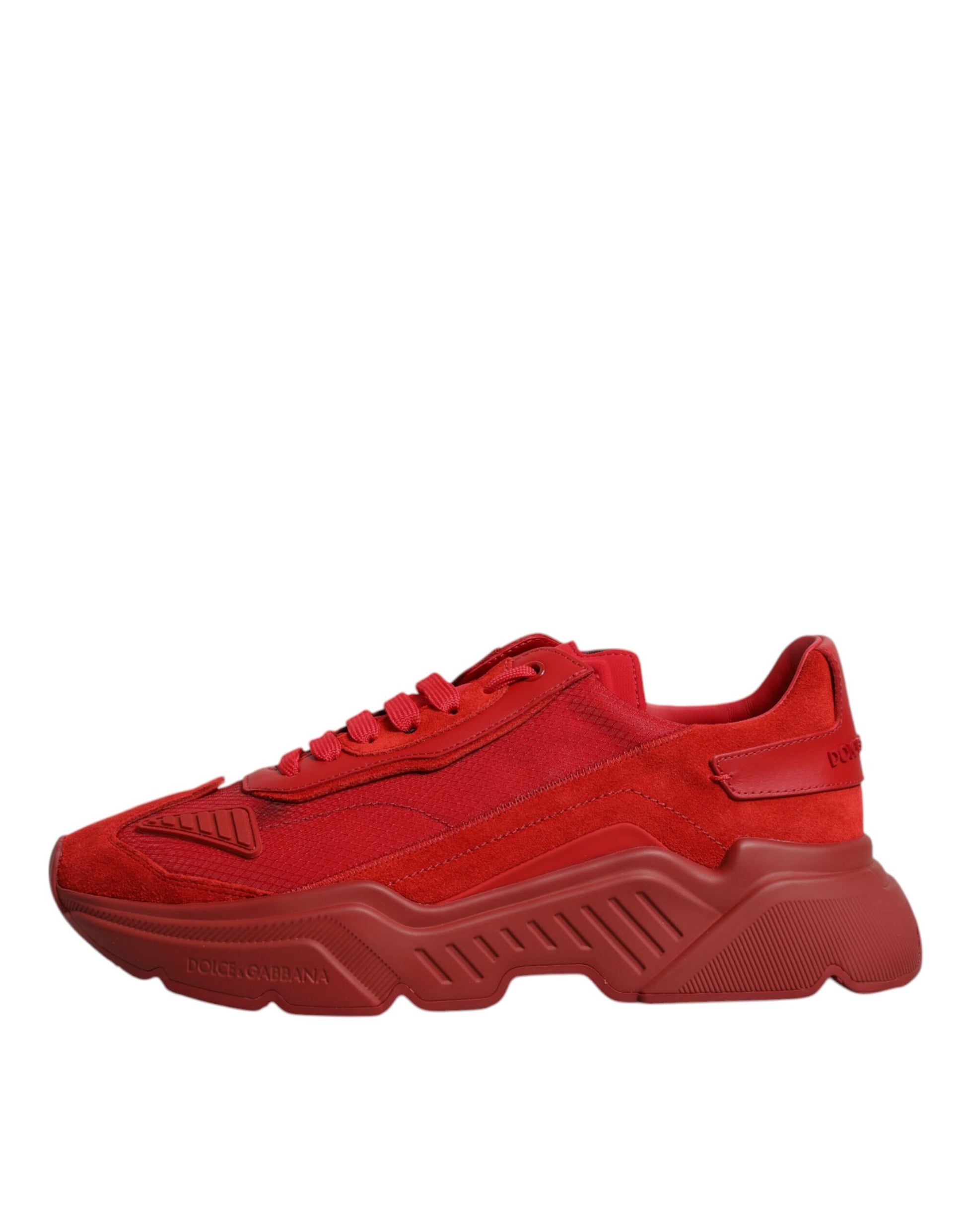 Red sneaker with white sole