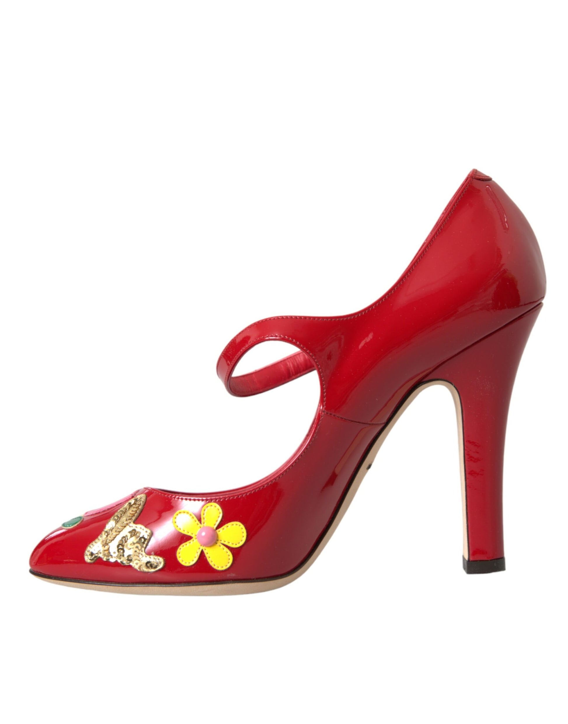 Red high heel shoe with flower design on toe