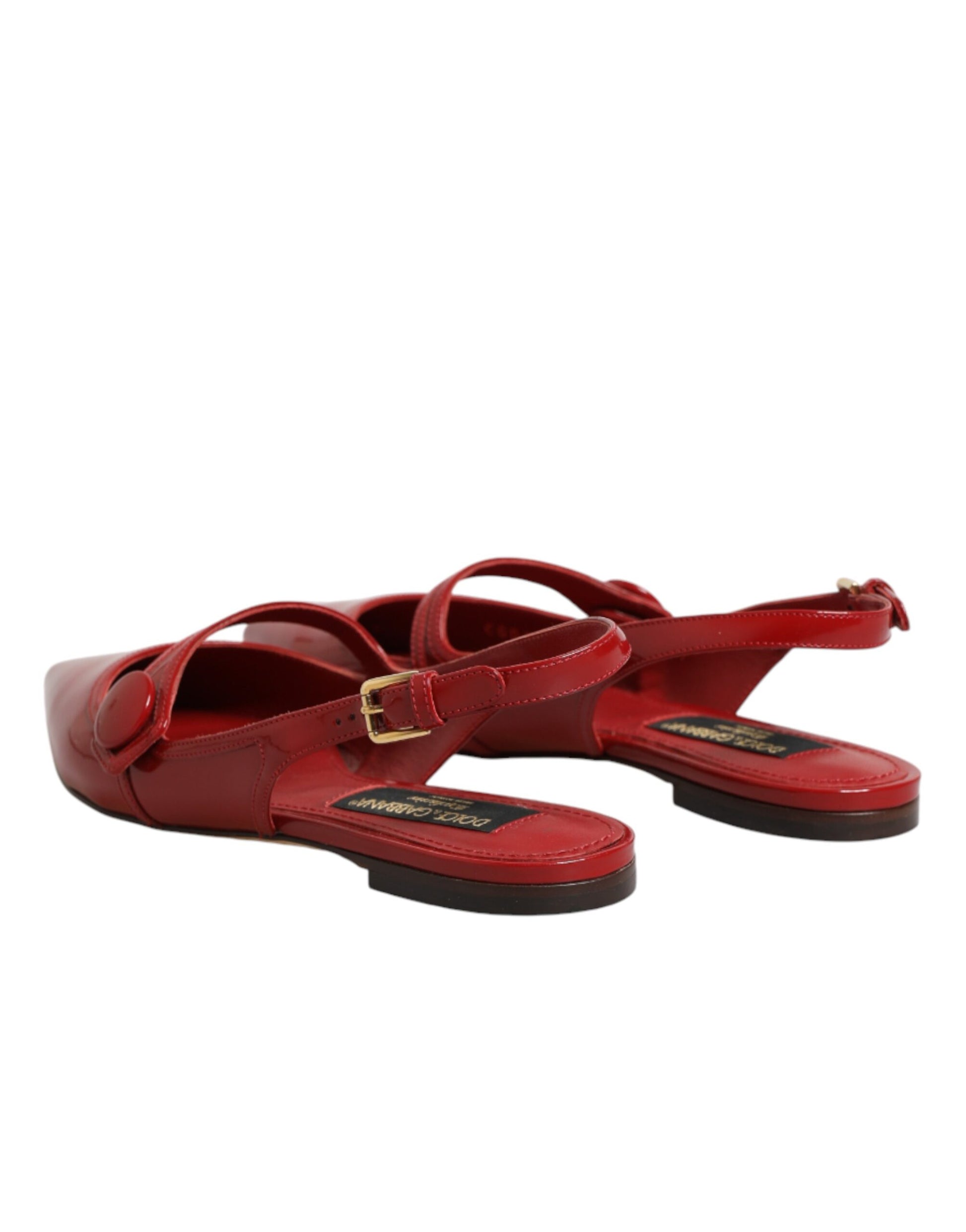 Red women's flat shoes with gold buckle
