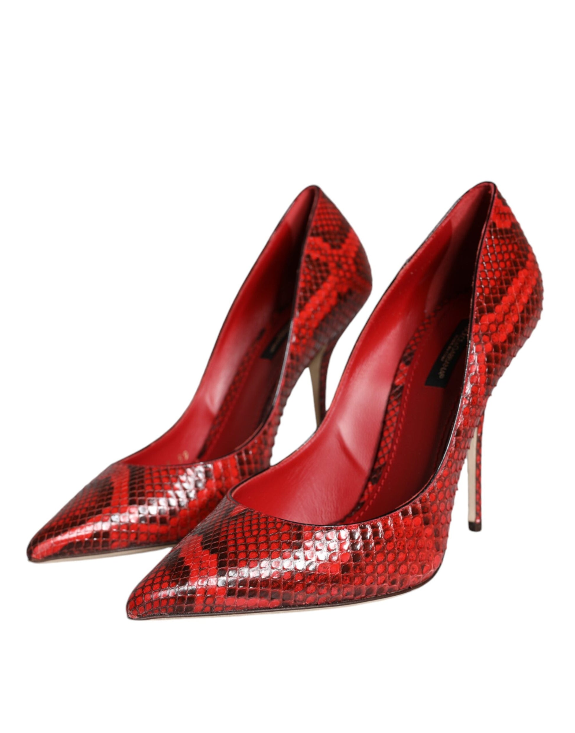 Red high heel shoes with a snake skin texture design