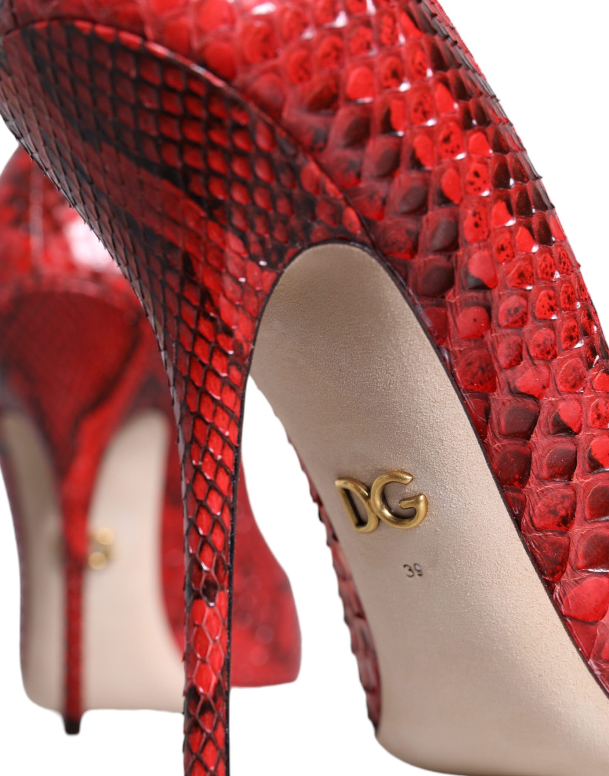 High heel shoe with red snake skin texture