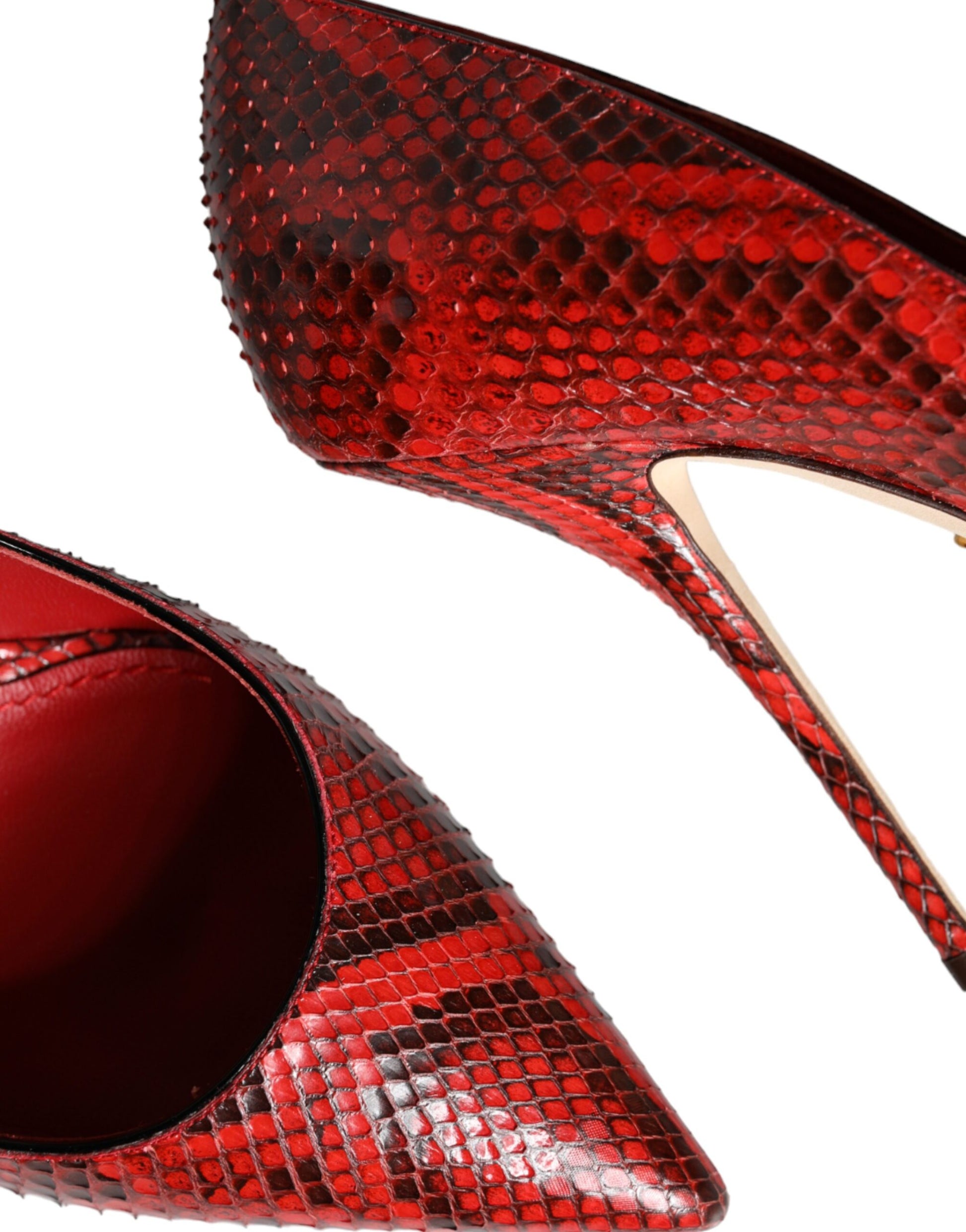 Red high heel shoe with snake skin texture