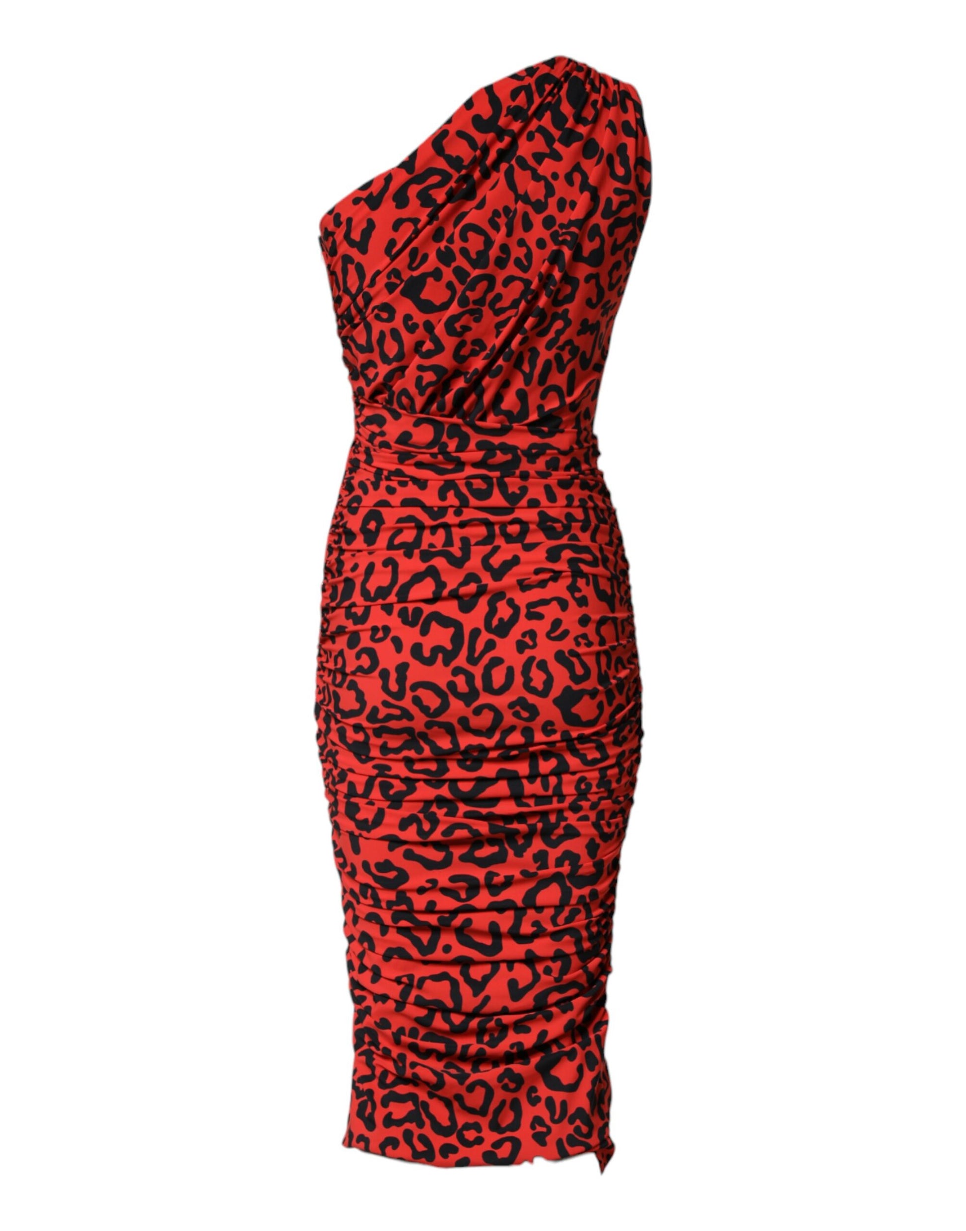 A red leopard print midi dress with nylon fabric and a sheath silhouette