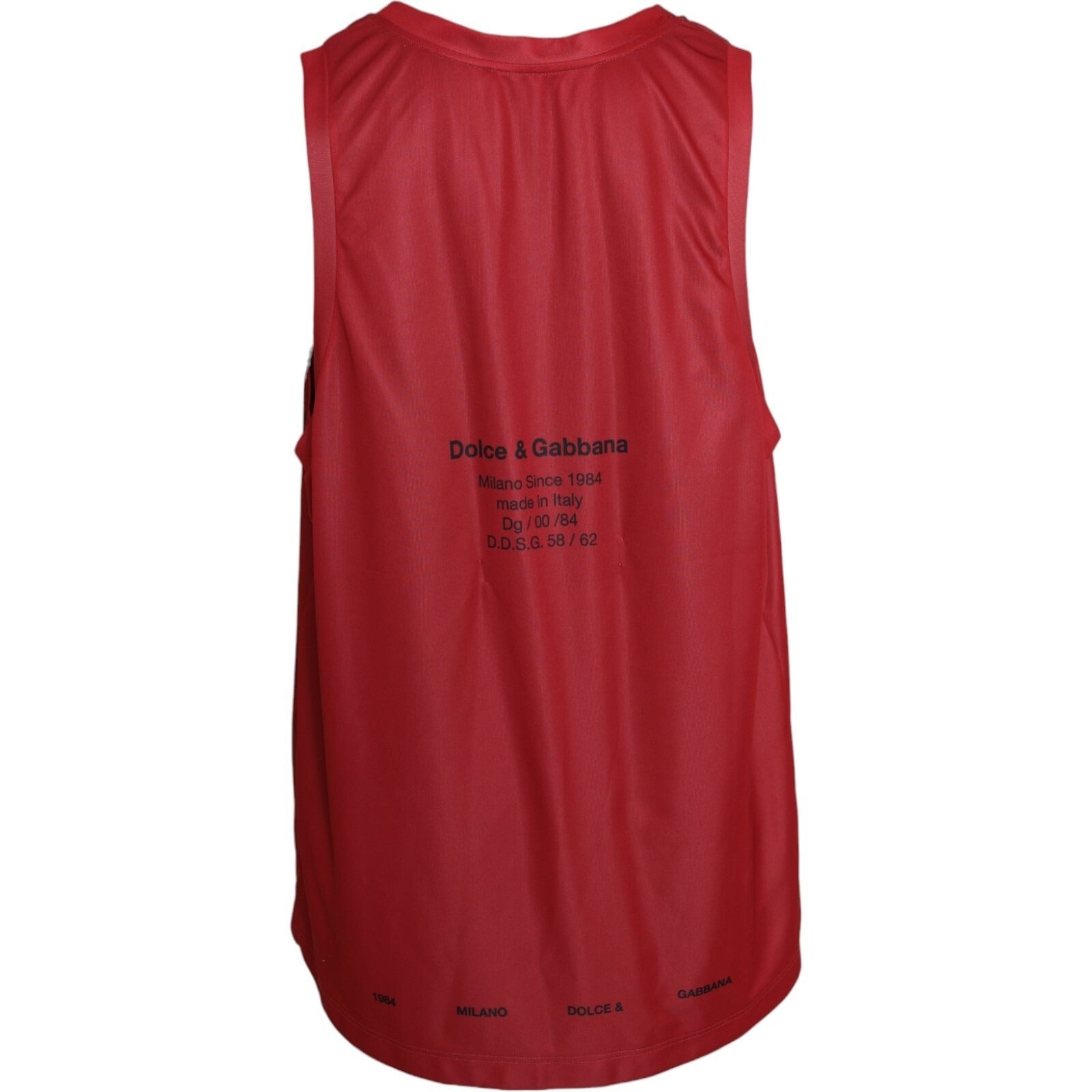 Red sleeveless tank top with white lettering on back