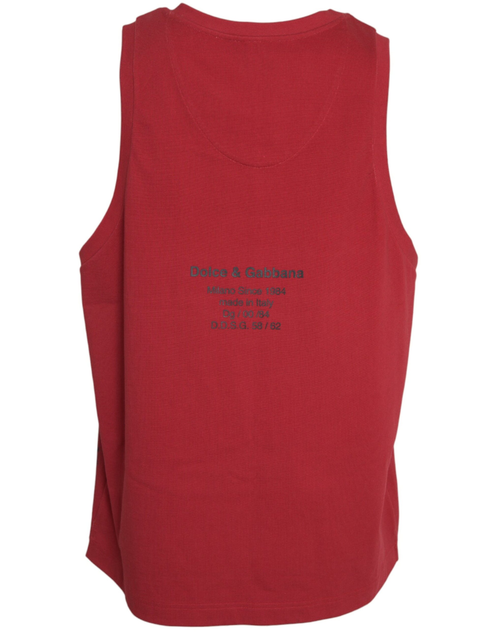 Red sleeveless shirt with blue lettering on front