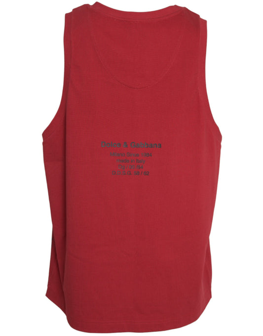 Red sleeveless shirt with blue lettering on front