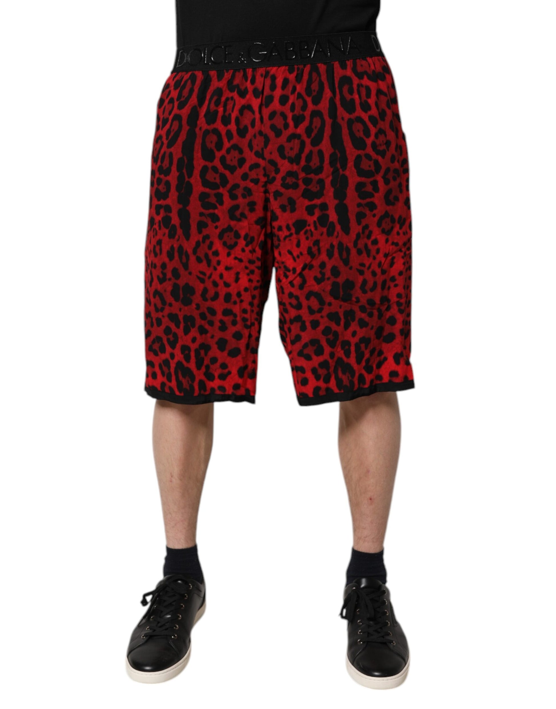 Man wearing shorts with leopard print pattern