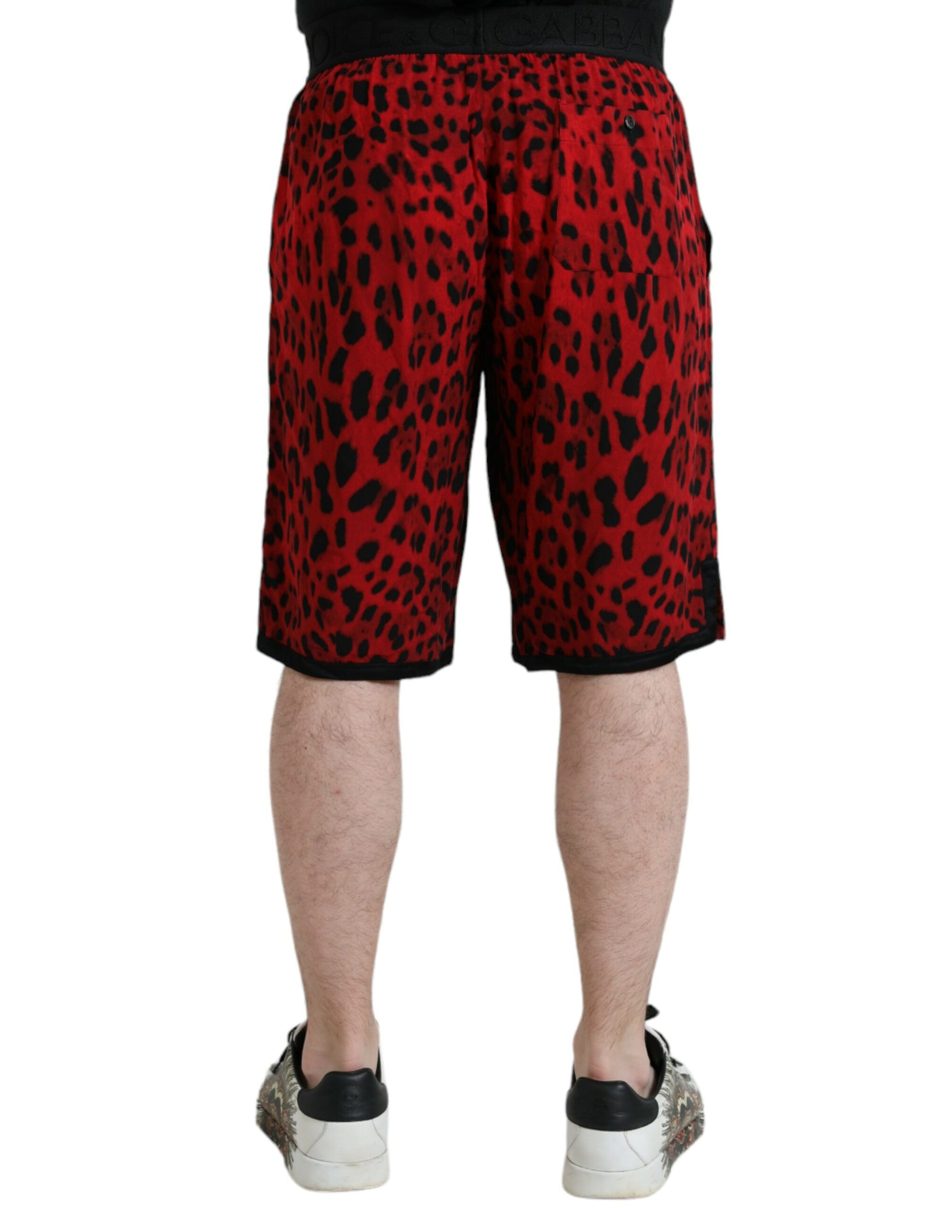 Shorts with red and black leopard print pattern
