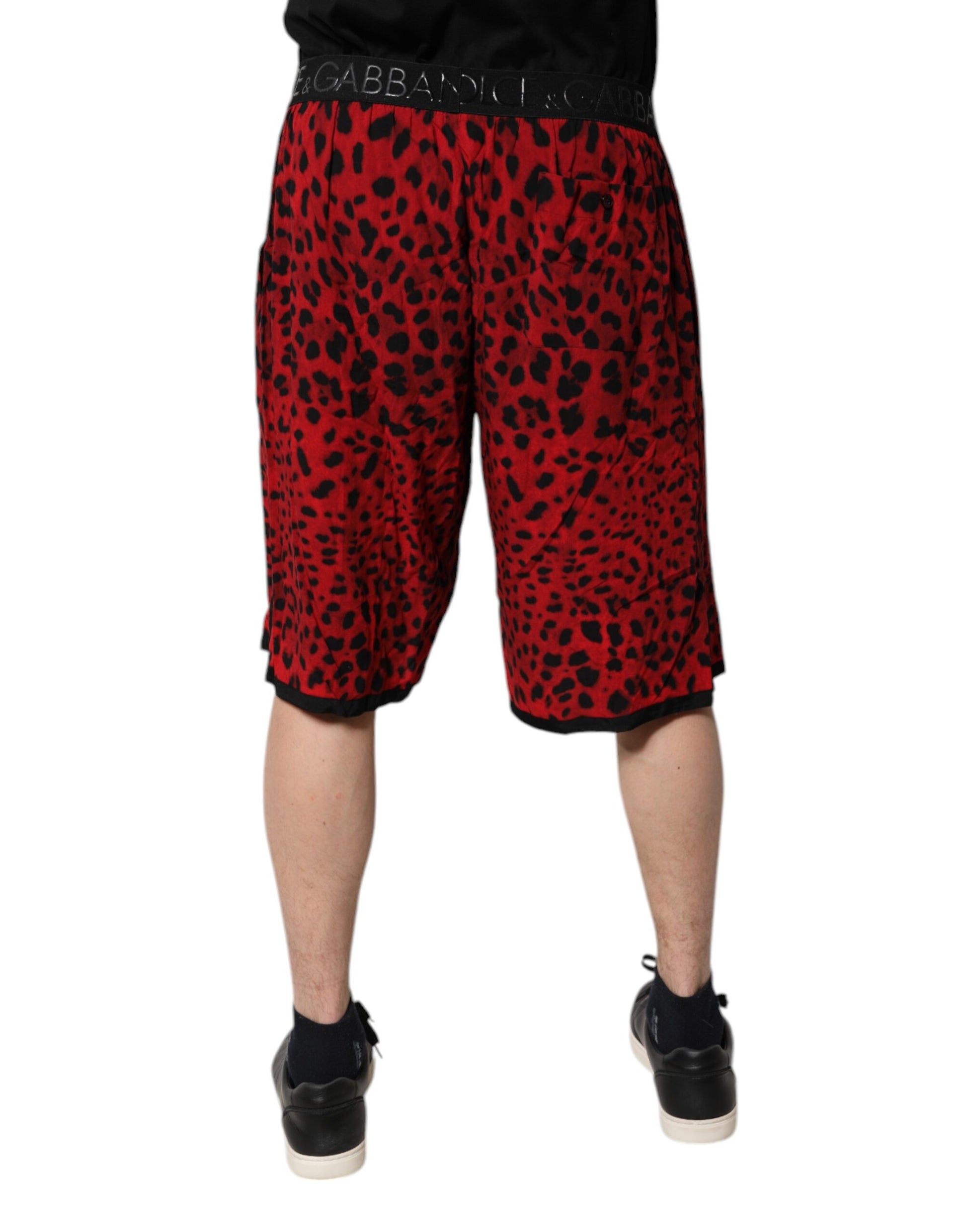 Red and black shorts with a leopard print pattern