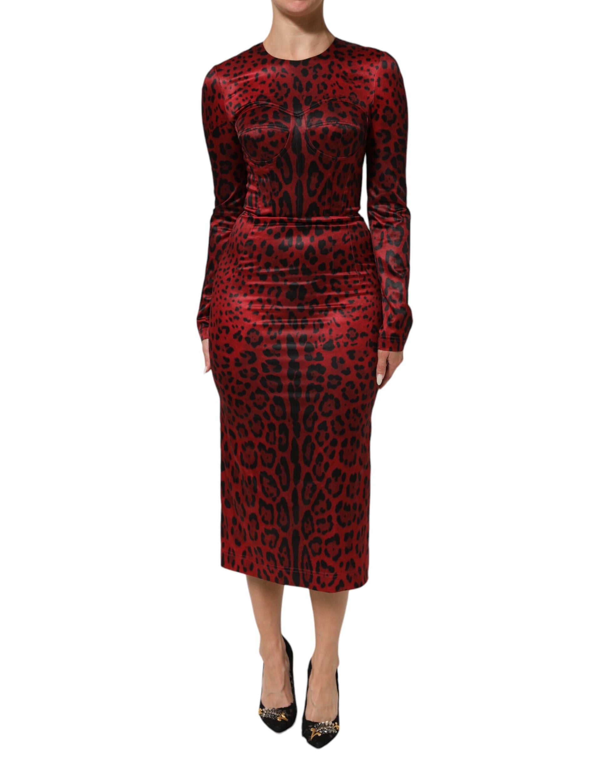 A long sleeve red dress with a leopard print pattern