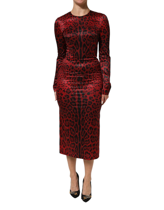 A long sleeve red dress with a leopard print pattern