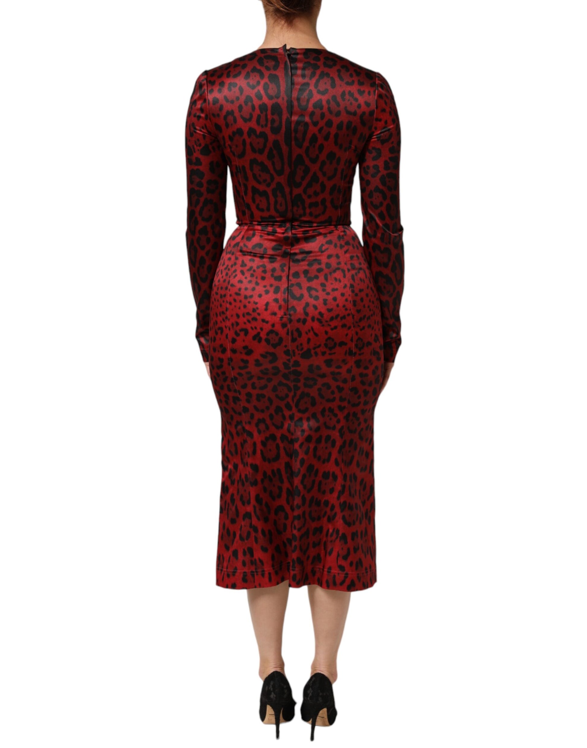 A red leopard print sheath dress with long sleeves