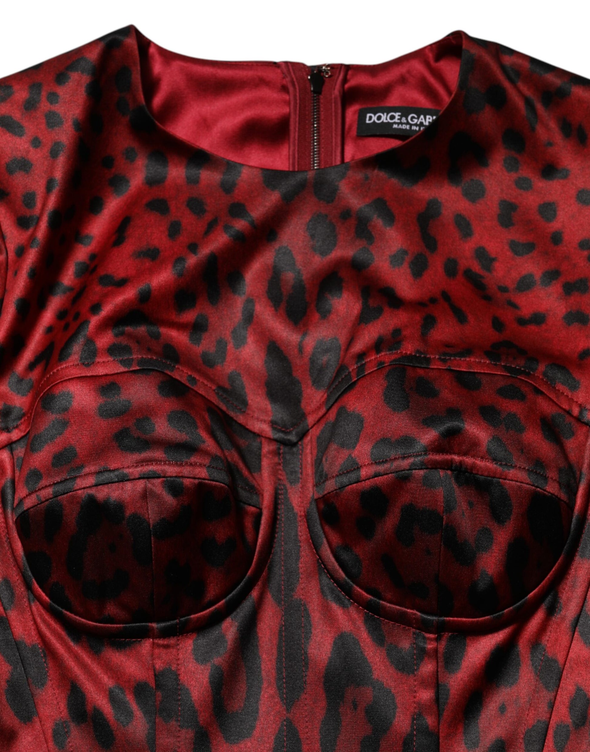 A red leopard print sheath dress with long sleeves