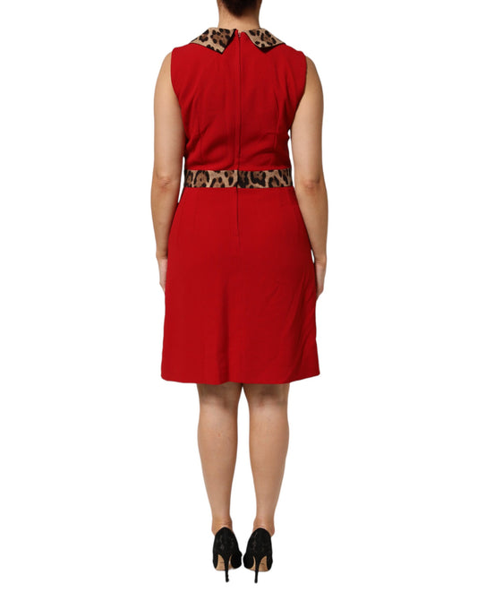 A red leopard print dress with a V-neck and short sleeves. It features a belted waist and is made of viscose