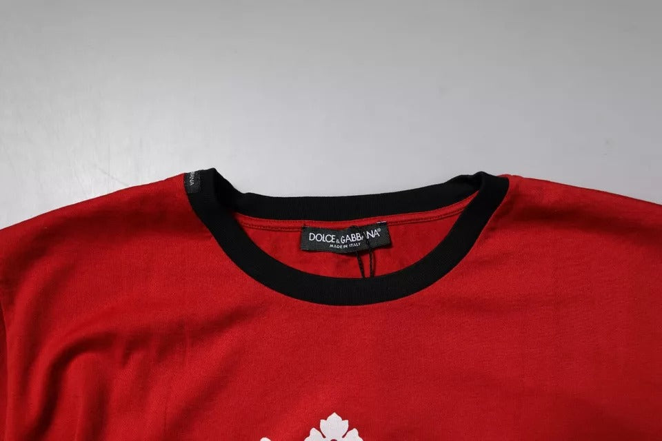 Red t-shirt with black collar and tag