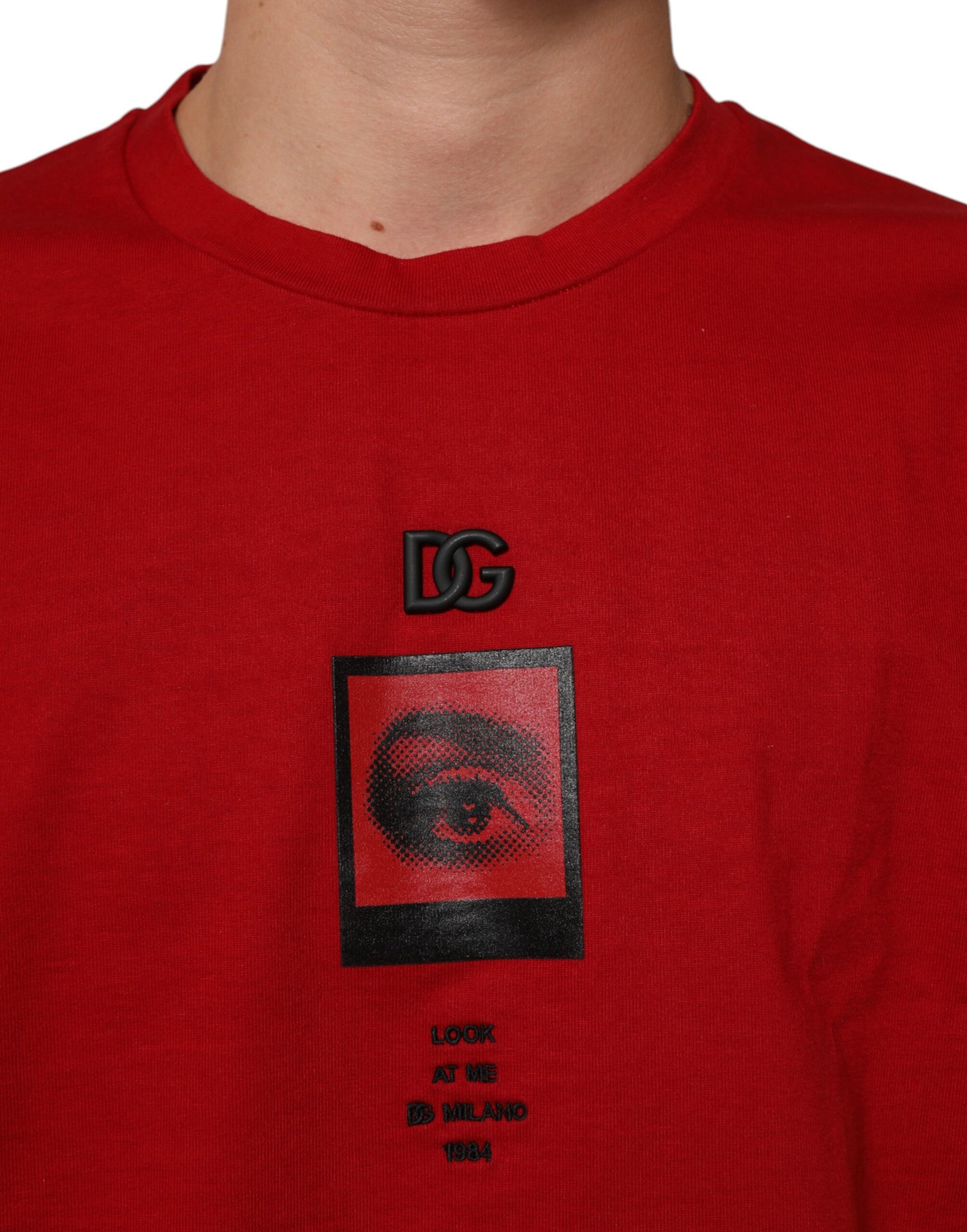 Red shirt with black logo on front