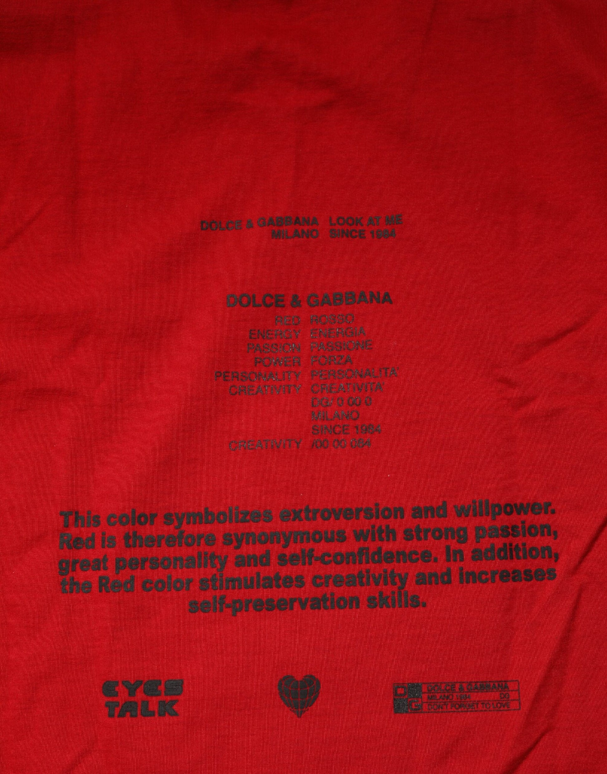 Red t-shirt with white lettering