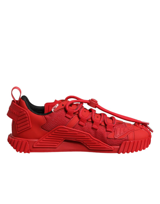 Red athletic shoe with white laces