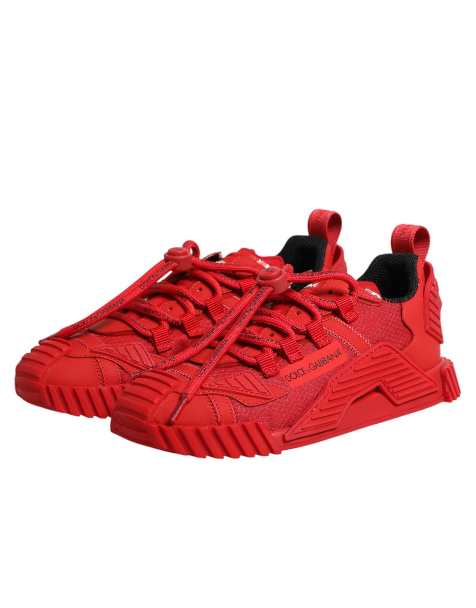Red athletic shoes with laces