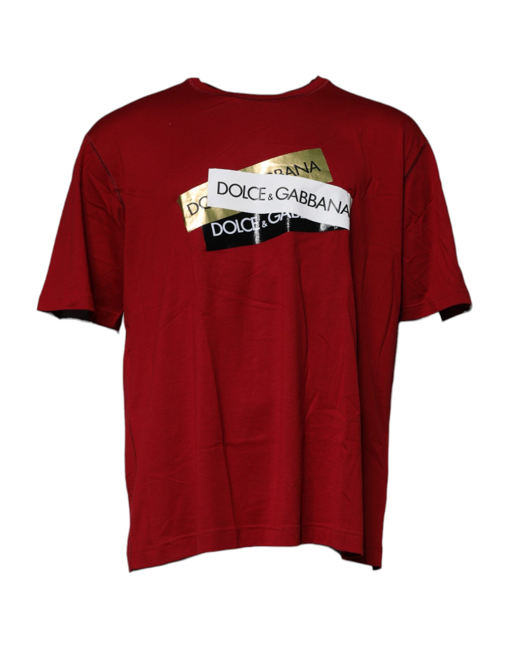 A red crew neck t-shirt with a logo on the front