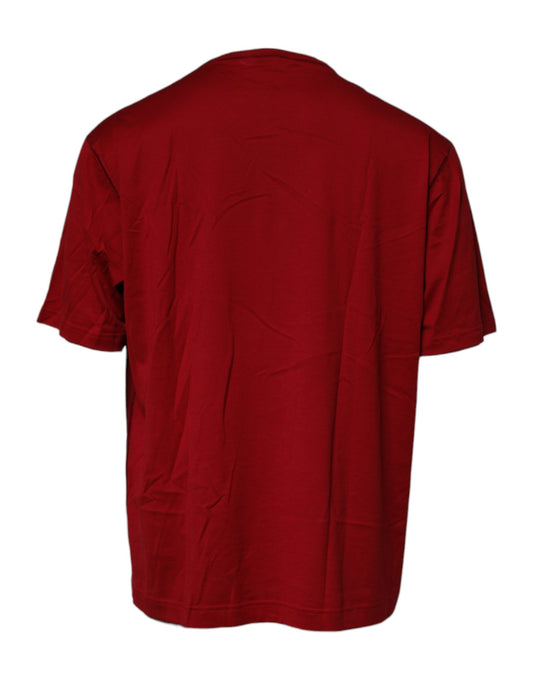 Red crew neck t-shirt with logo on back