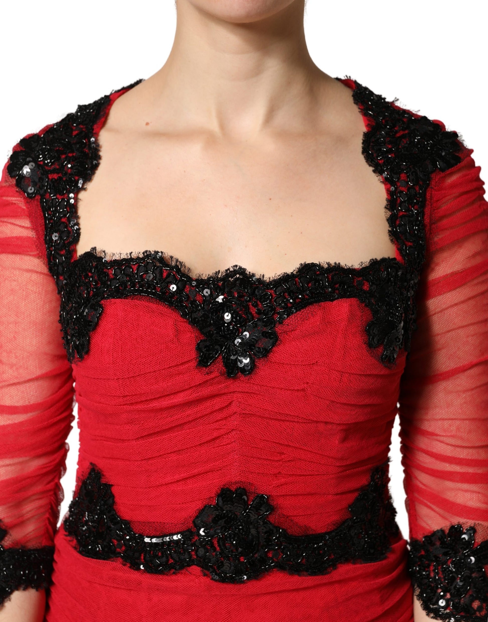A red mesh trim bodycon sheath midi dress with a deep V neckline
