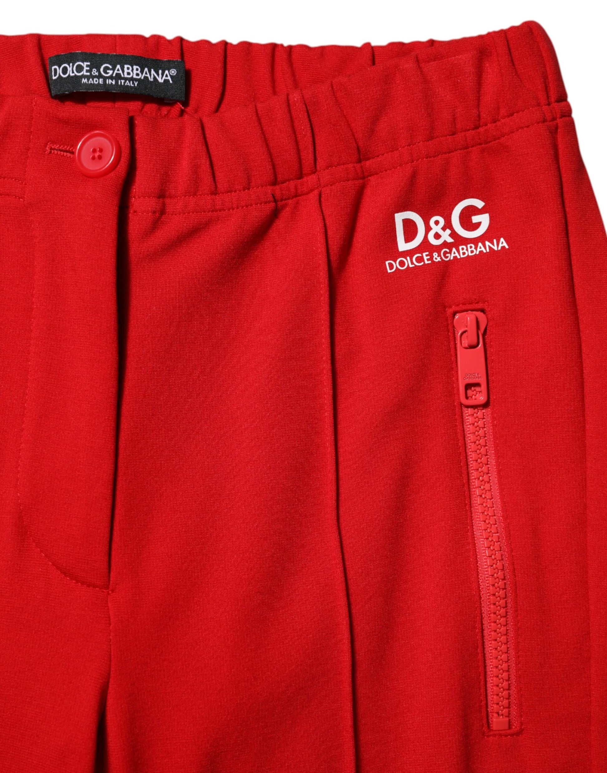 Red pants with white logo on front