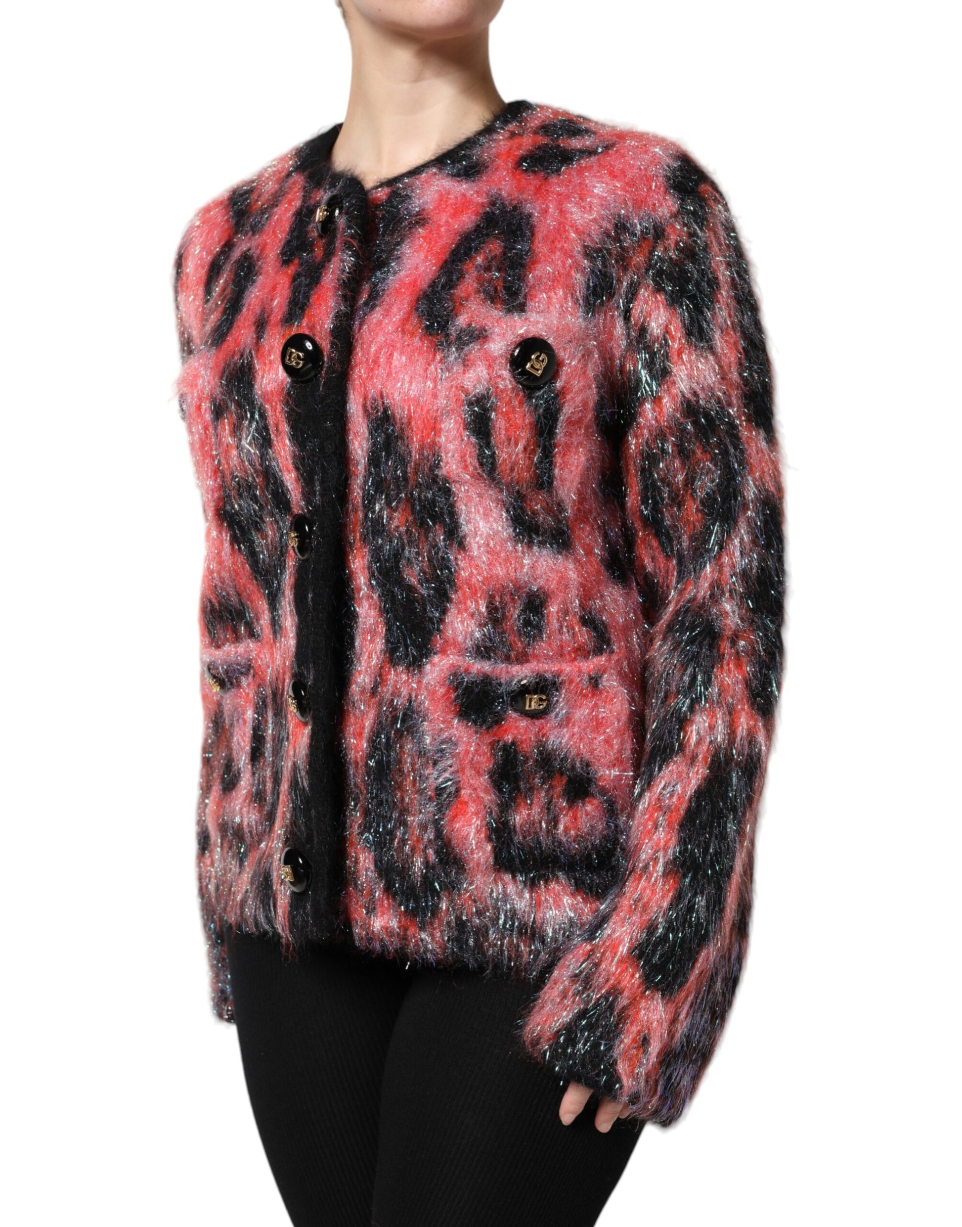 Furry jacket with red and black pattern