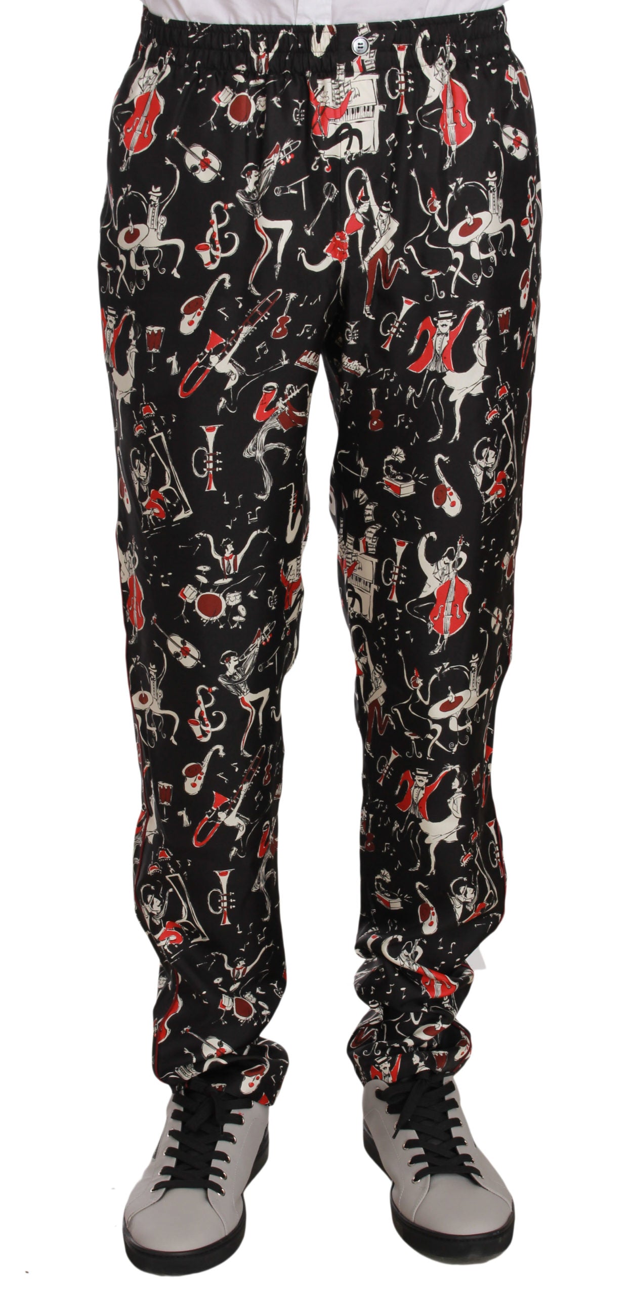 Pair of black pants with red and white pattern