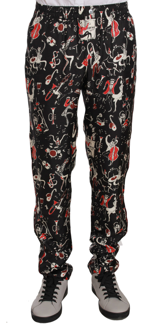 Pair of black pants with red and white pattern