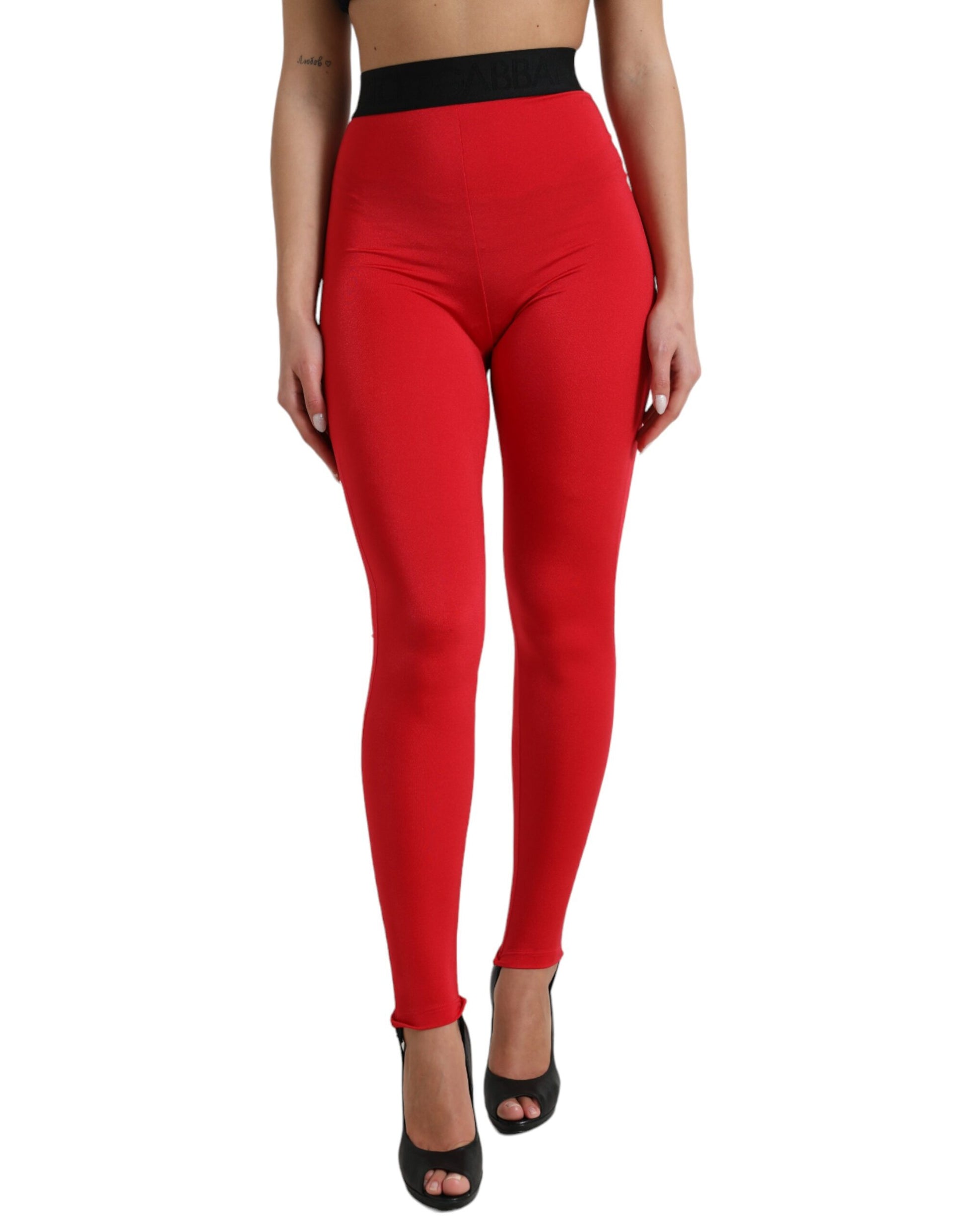 Red leggings on a model
