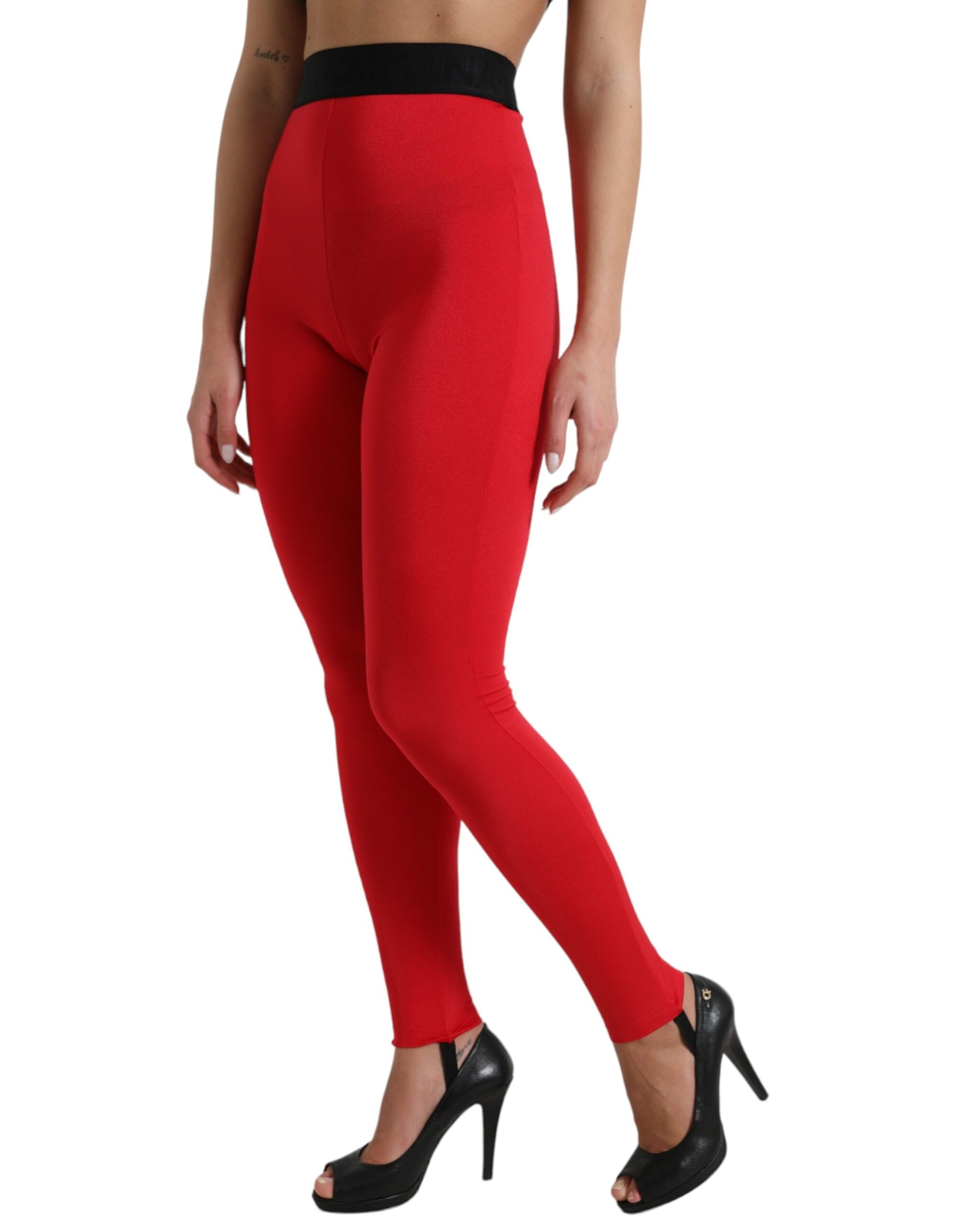 Red leggings on a model