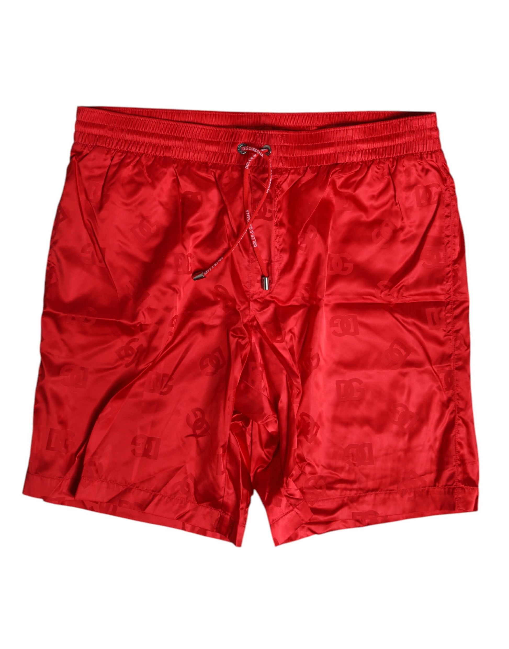 Red swim trunks with drawstring waistband