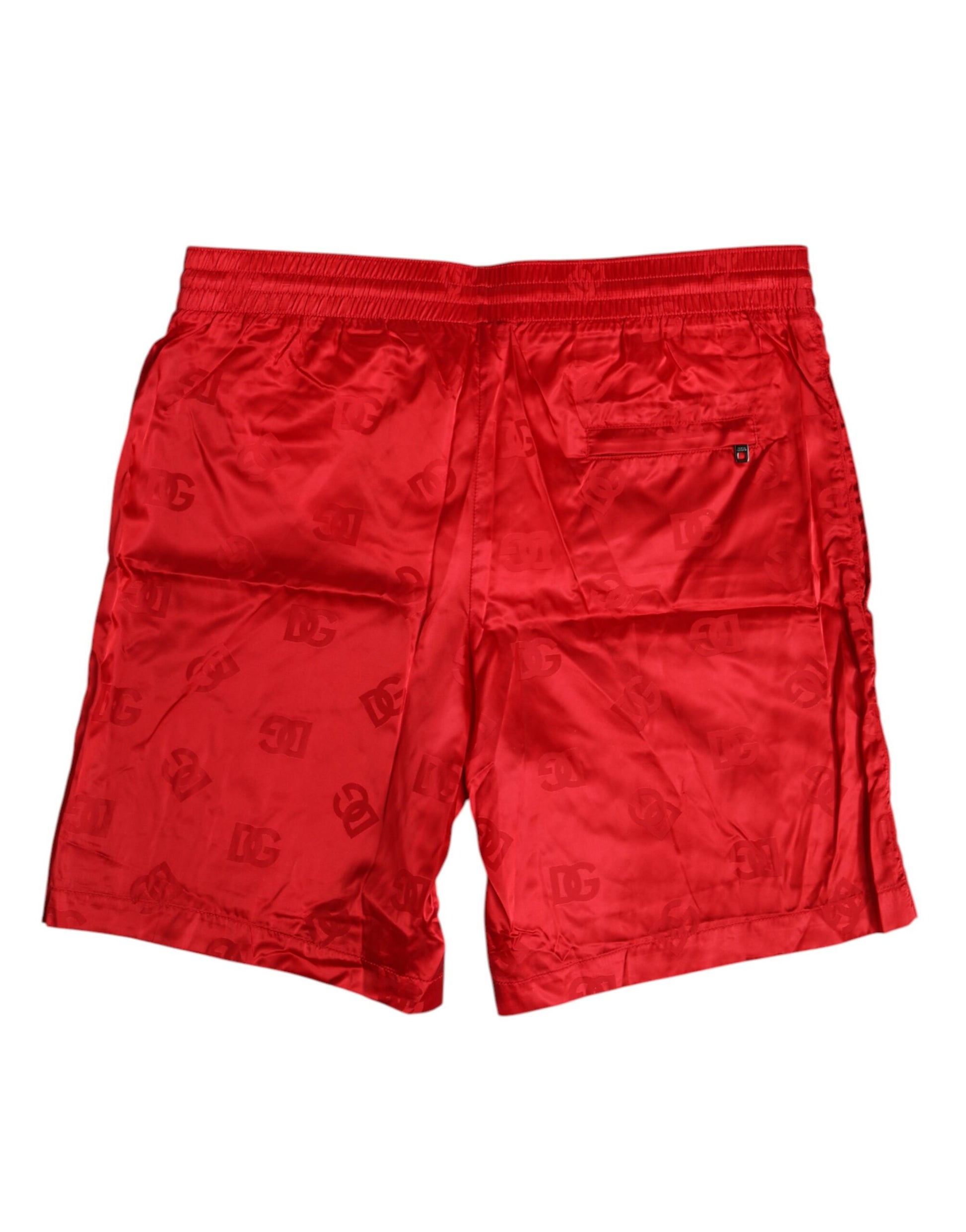 Red shorts with white print on them