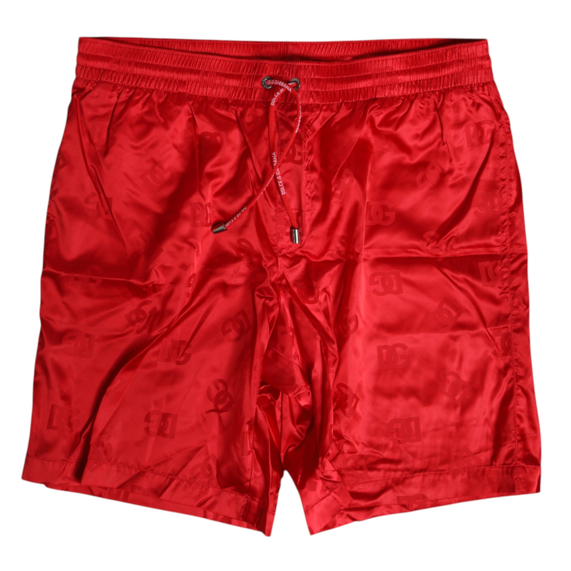 Red swim trunks with white lettering