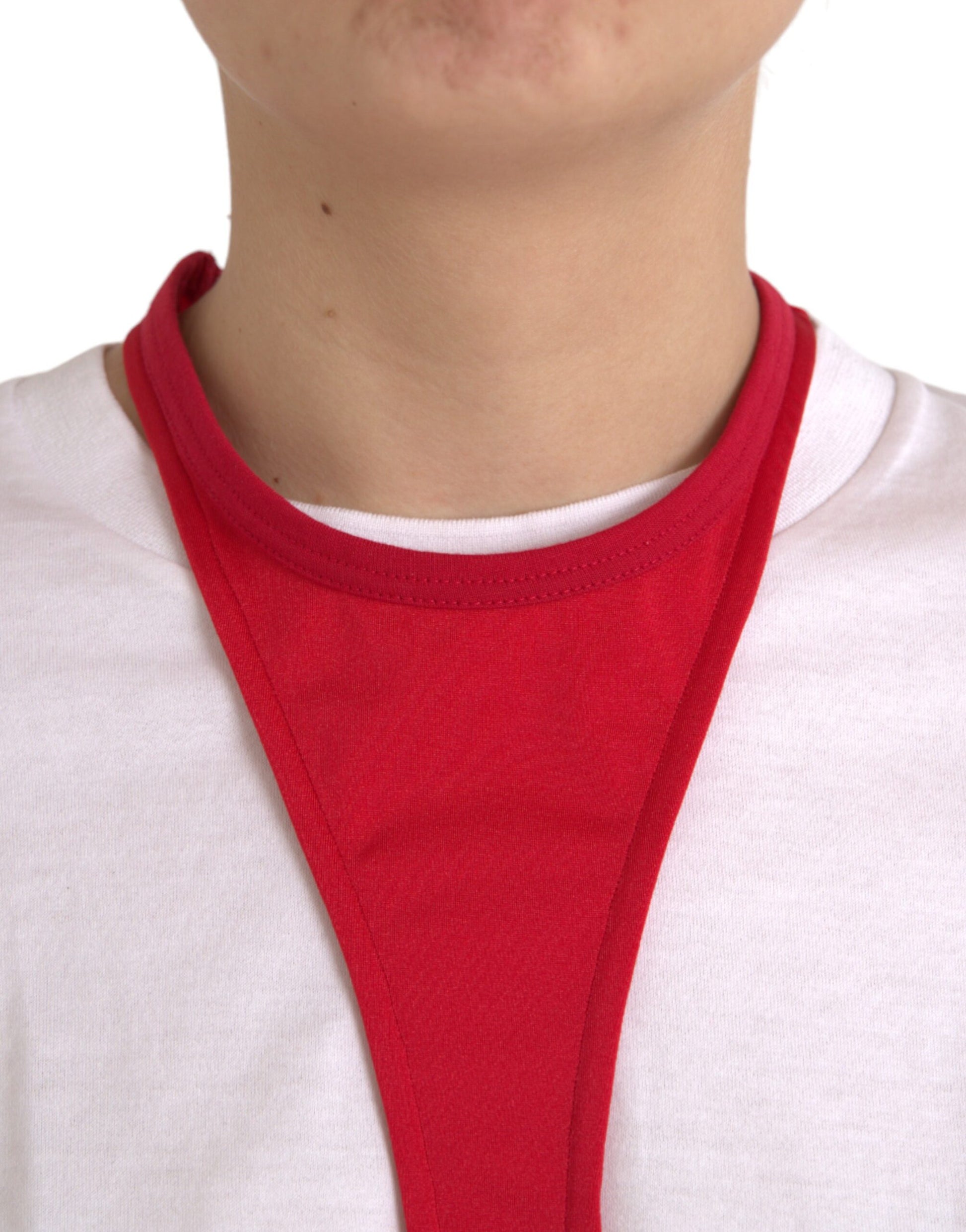 A red nylon stretch bodycon sheath mini dress with a white top