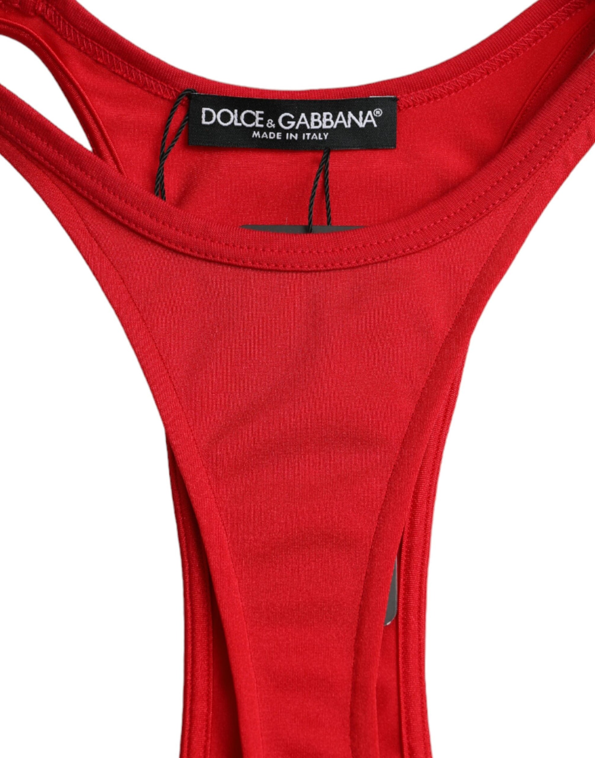 A red nylon stretch bodycon sheath mini dress by Dolce & Gabbana