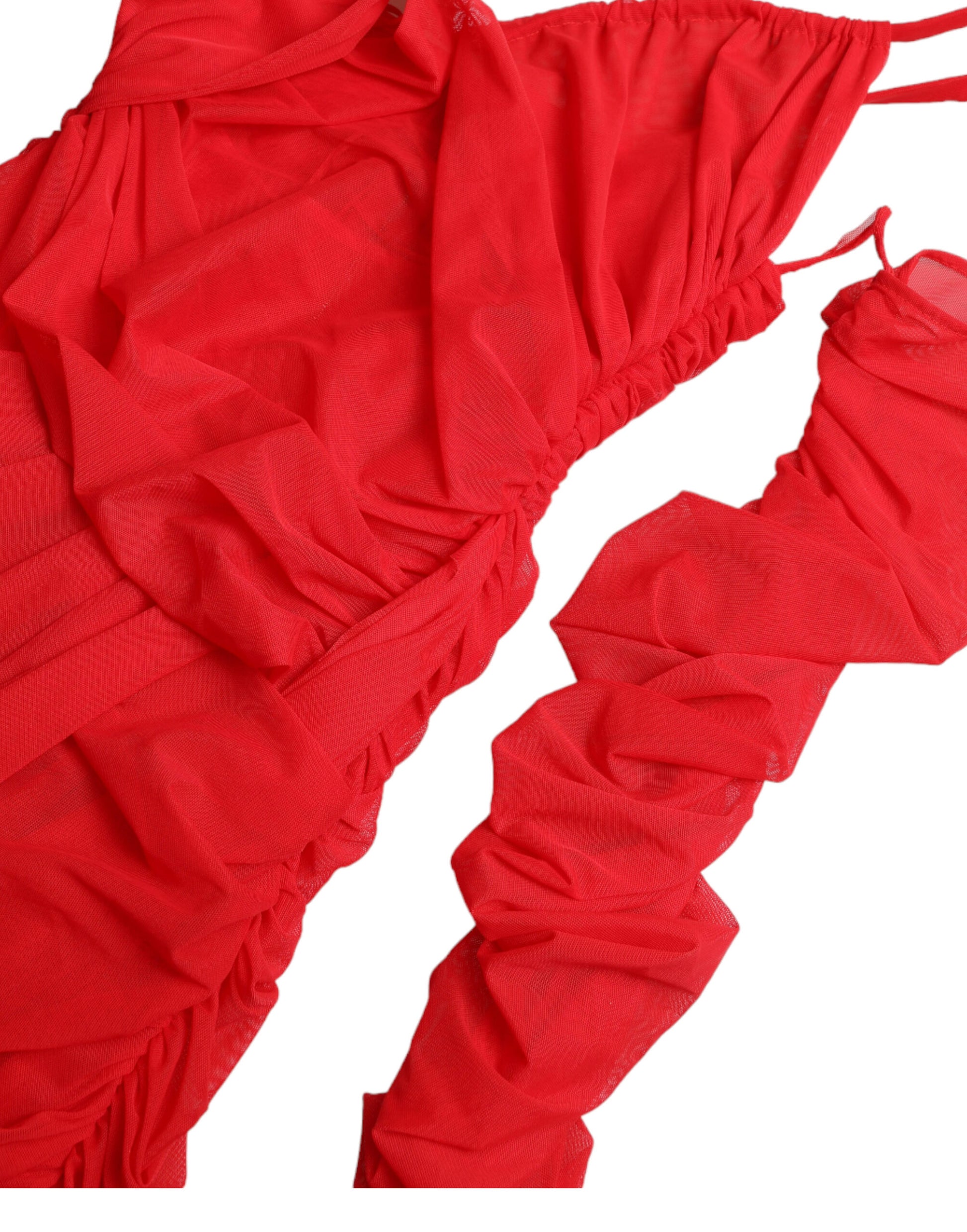 A red nylon stretch cut out midi dress with ruffled sleeves