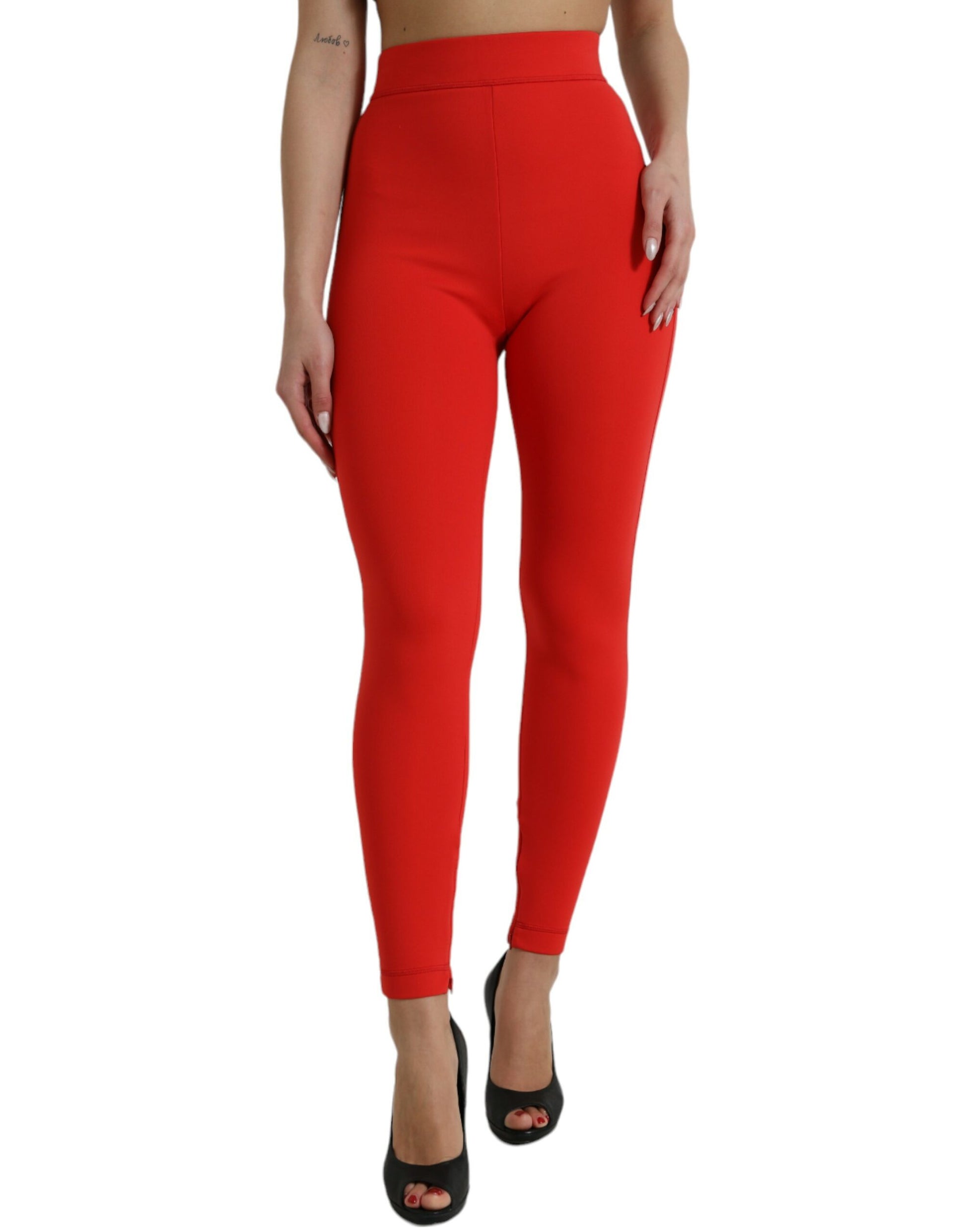 Red leggings on a model